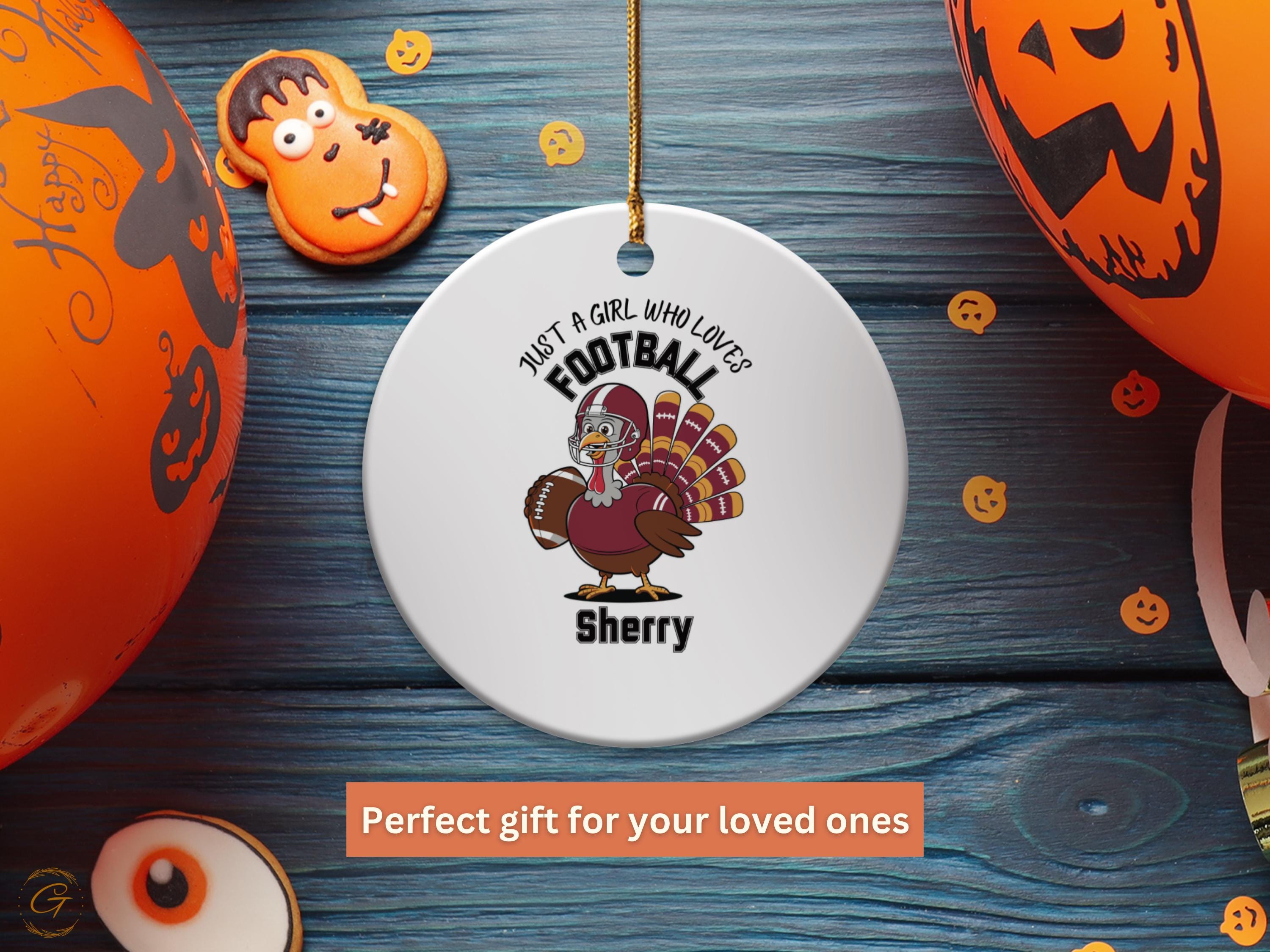 Personalized Thanksgiving Football Ornaments, Girl Who Loves Football Turkey Holiday Keepsakes, Holiday Ornaments, Football Turkey for Girls