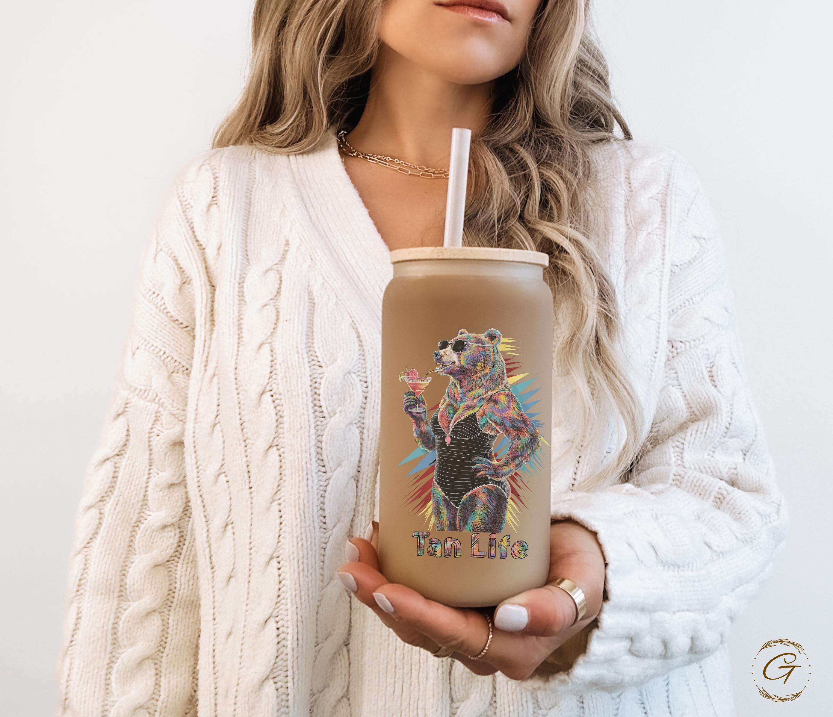 Tan Life Bear Design Frosted Glass Cup