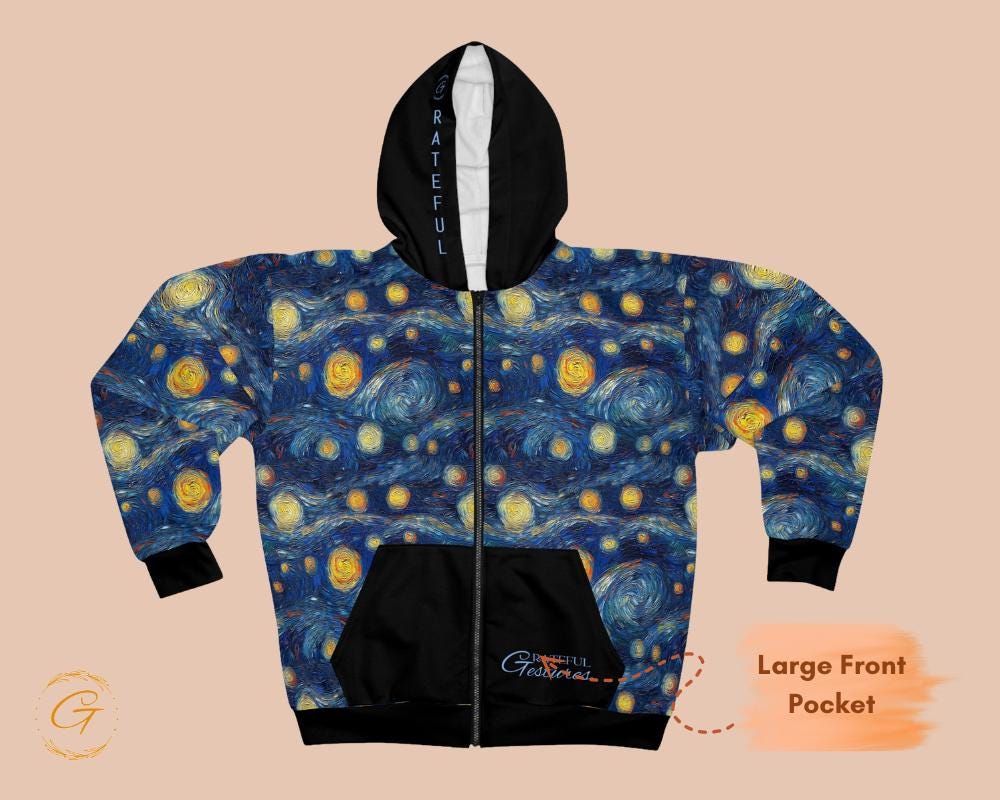 Starry Night Unisex Zip Hoodie All-Over Print Van Gogh Inspired Sweatshirt