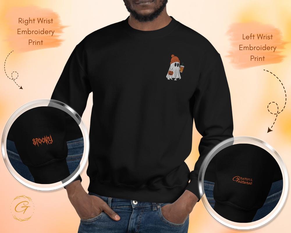 Halloween Ghost Sweatshirt, Spooky Iced Coffee Ghost Pullover Halloween Casual Crewneck, Long-Sleeve Ghost Top Pumpkin Ghost Warm-Up Sweater