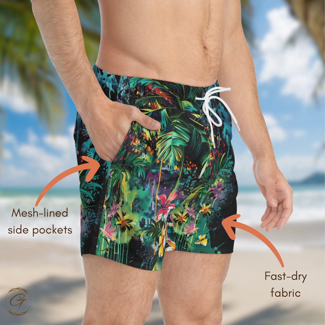 Floral Rainforest Black Swim Trunks