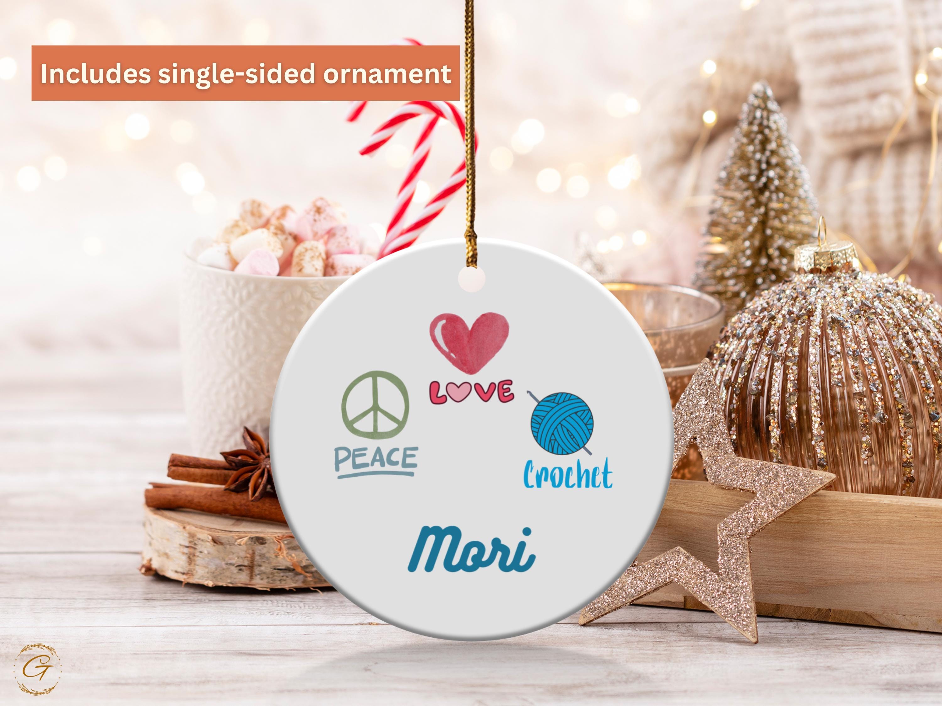 Personalized Peace Love Crochet Hobby Ornament, Cute Heart Crochet Ornament, Peace Symbol Ornament, Personalized Handcrafted Gift