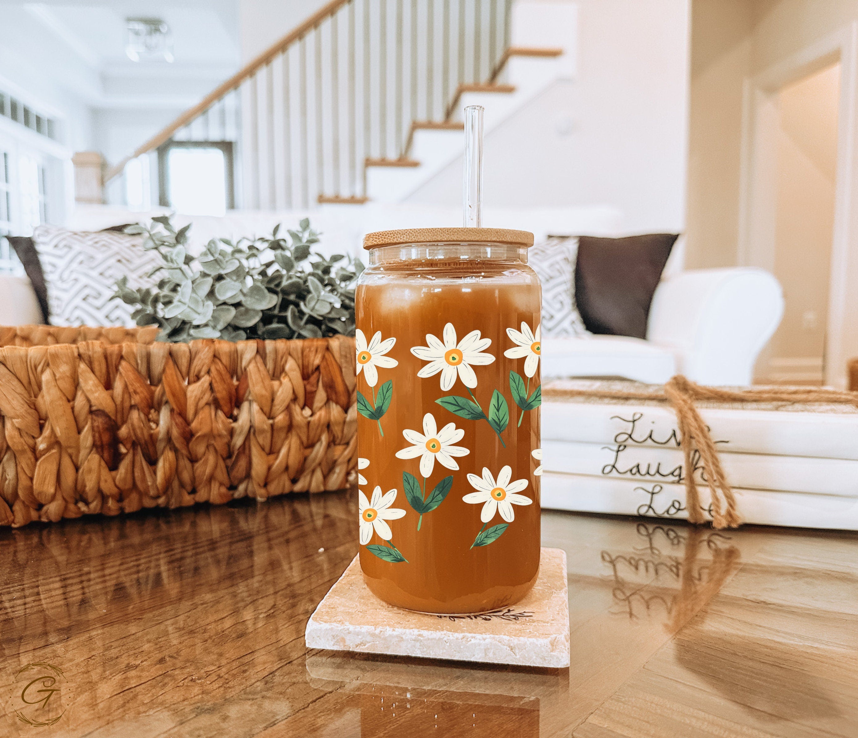 Daisy Flowers Iced Coffee Glass Can