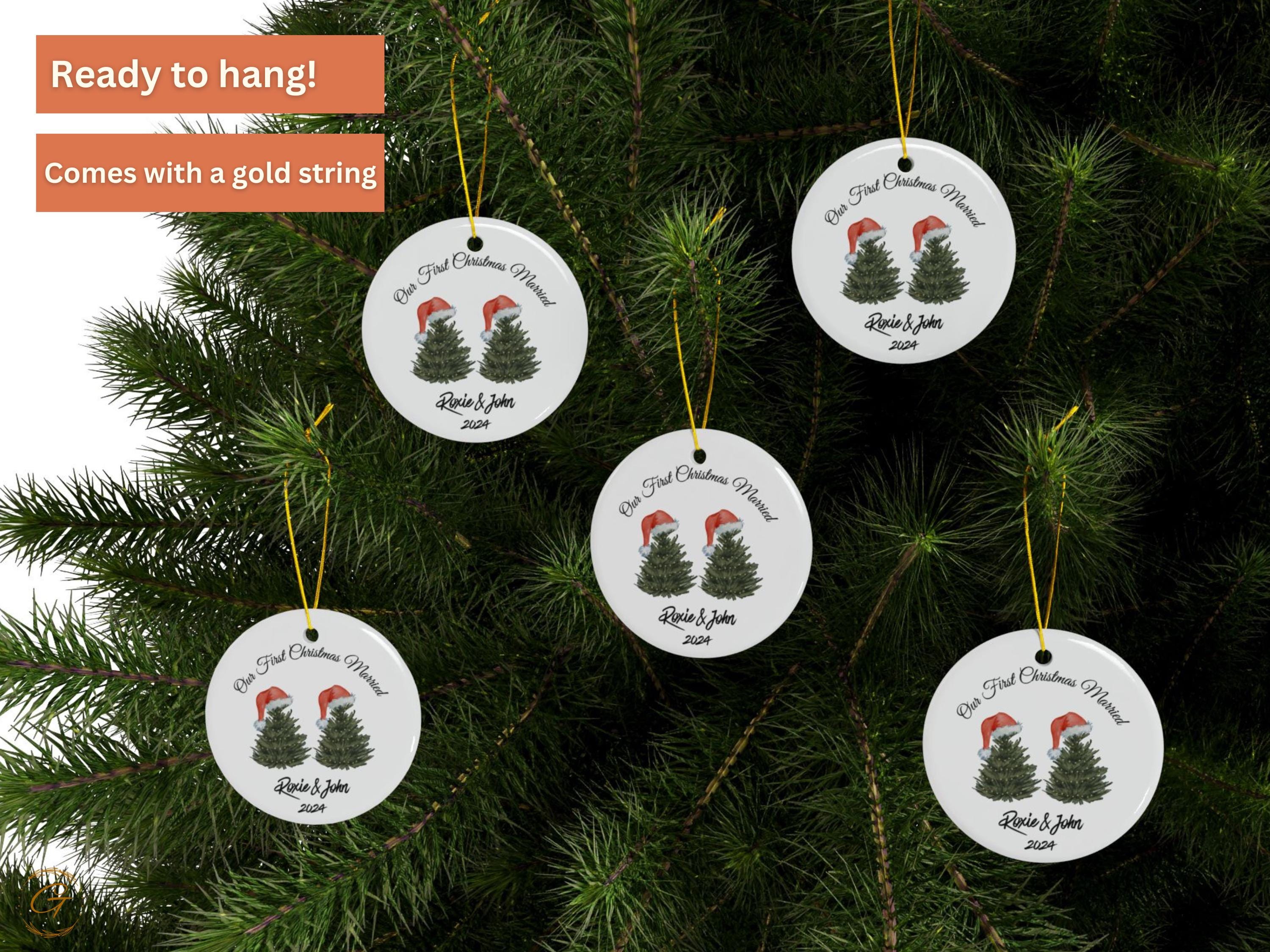 Personalized First Christmas Married Ornament, Anniversary Keepsake Gift, Christmas Tree Design with Santa Hats 24 Edition, Holiday Keepsake