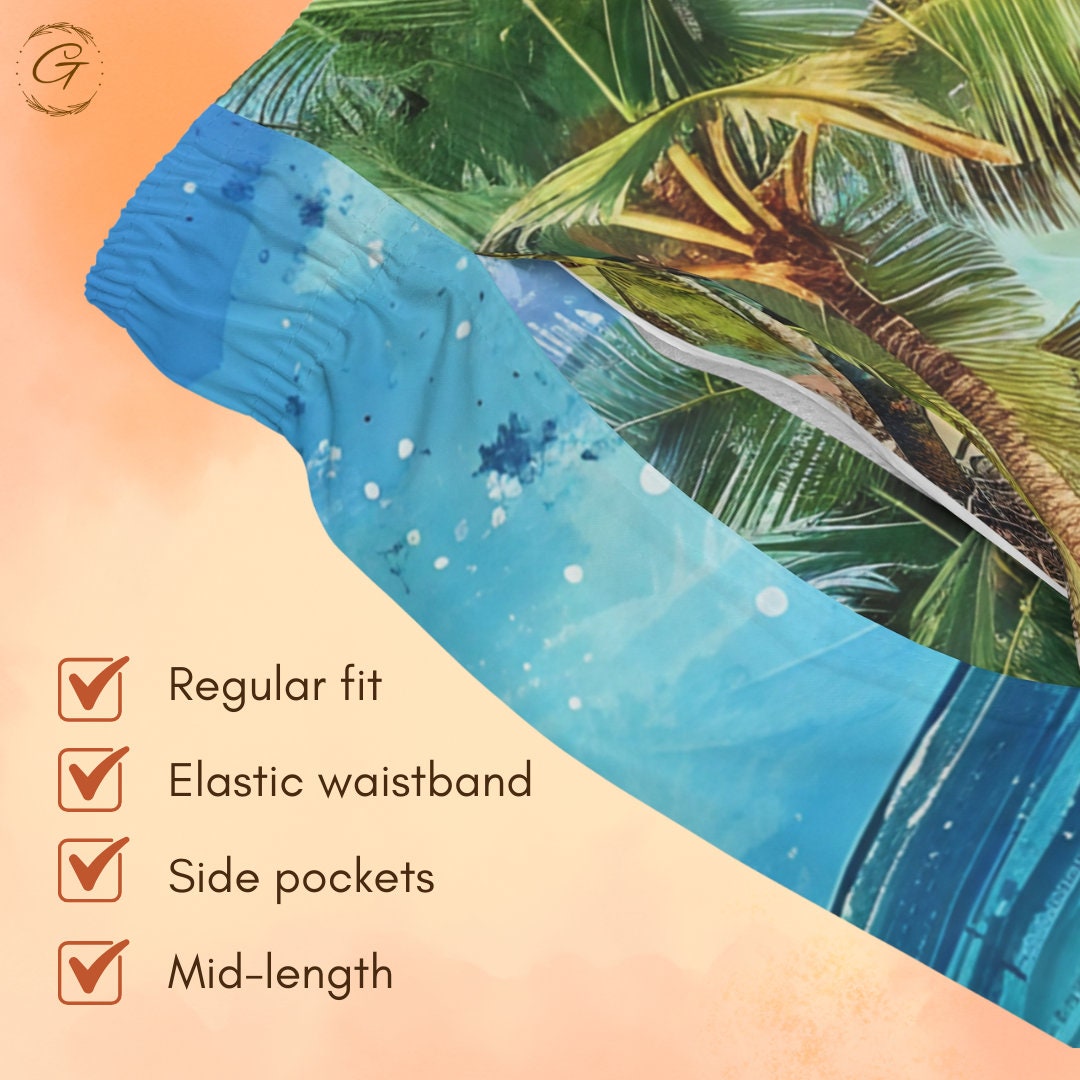 Tropical Beach Swim Shorts, Colorful AOP Design, Perfect for Summer Fun, Beachwear Gift, Tropical Beach Design, Perfect Idea for Summer Gift