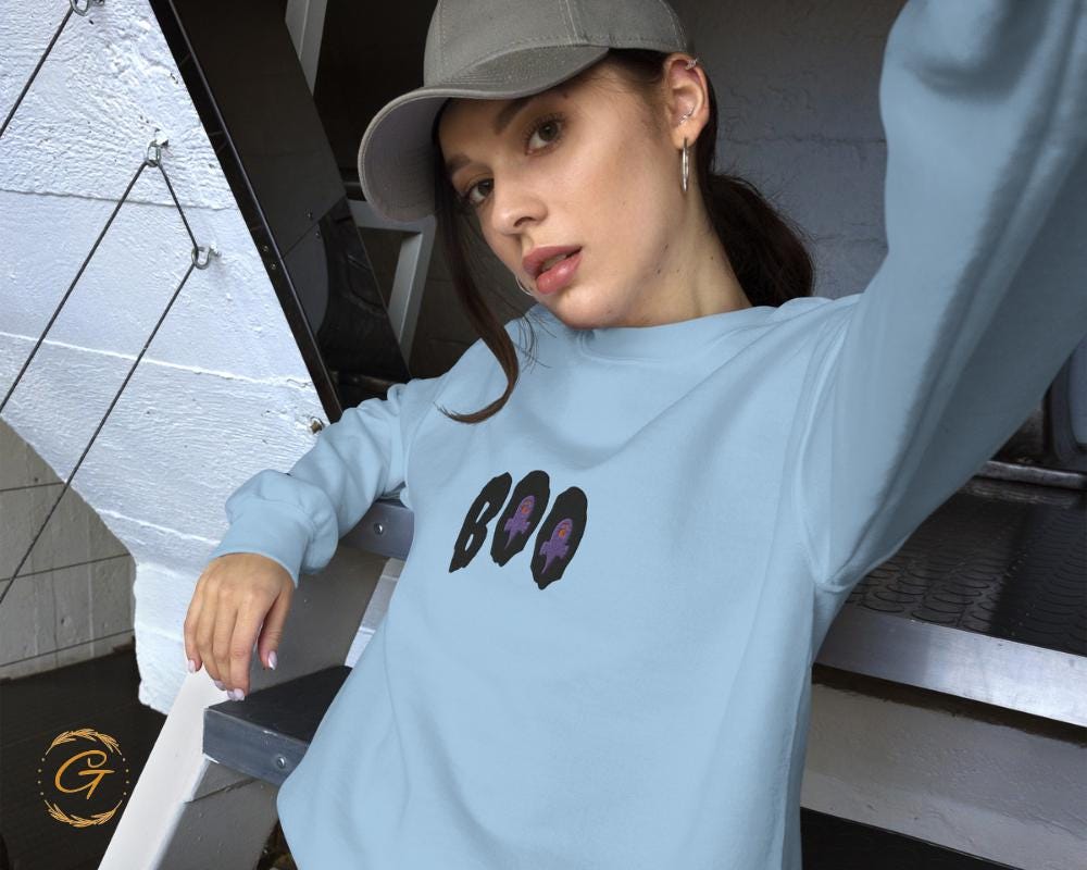 Halloween Sweatshirt, Embroidery Design Boo Spooky Pullover Halloween Crewneck Halloween Boo Long-Sleeve Top Cute Casual Sweater Warm-Up Top