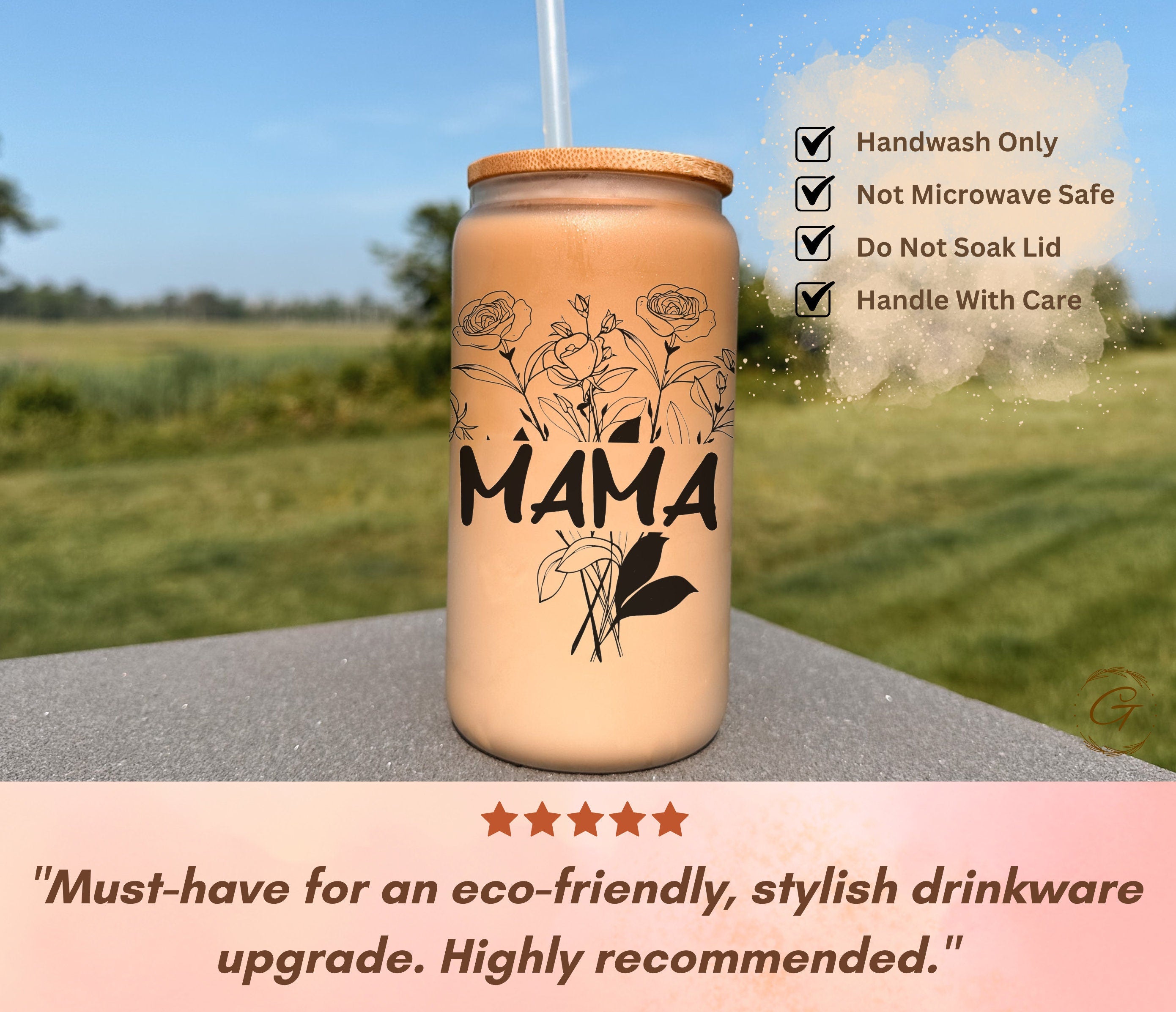 Frosted Glass Tumbler with Rose Mama Design, Stylish & Durable Drinkware, Beautiful Floral Mug Great for Coffee or Tea, Lovely Gift for Moms