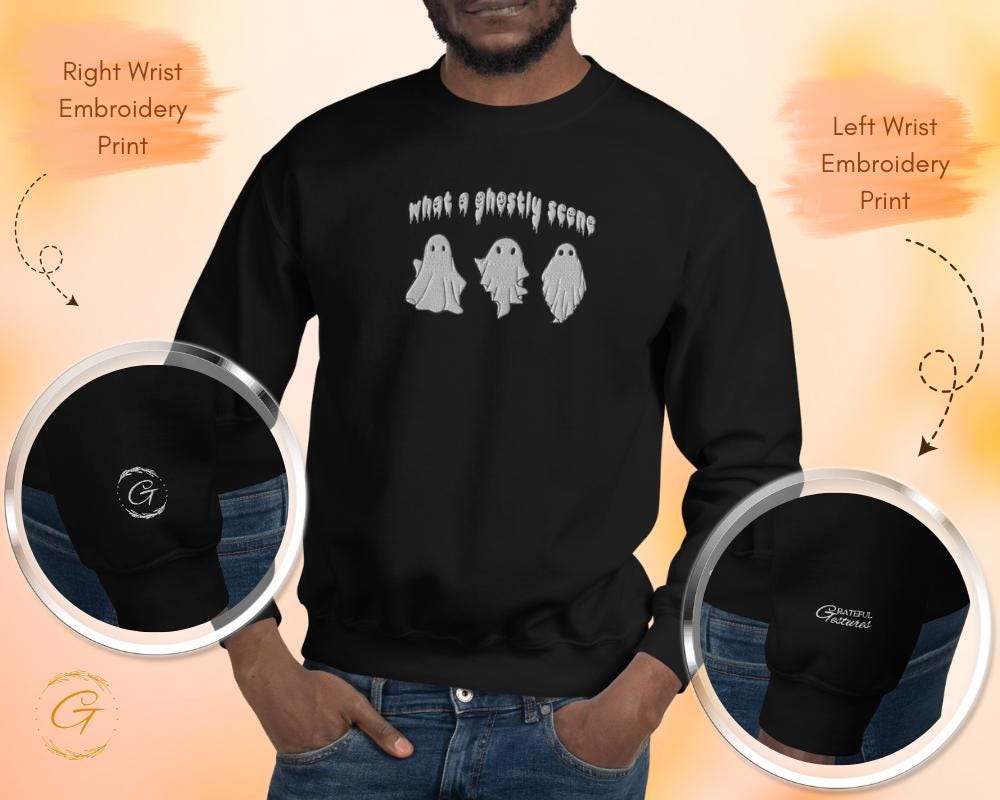 Halloween Sweatshirt, Ghost Embroidery Design Halloween Pullover, Halloween Casual Crewneck, Spooky Long-Sleeve Top, Warm-Up Casual Sweater