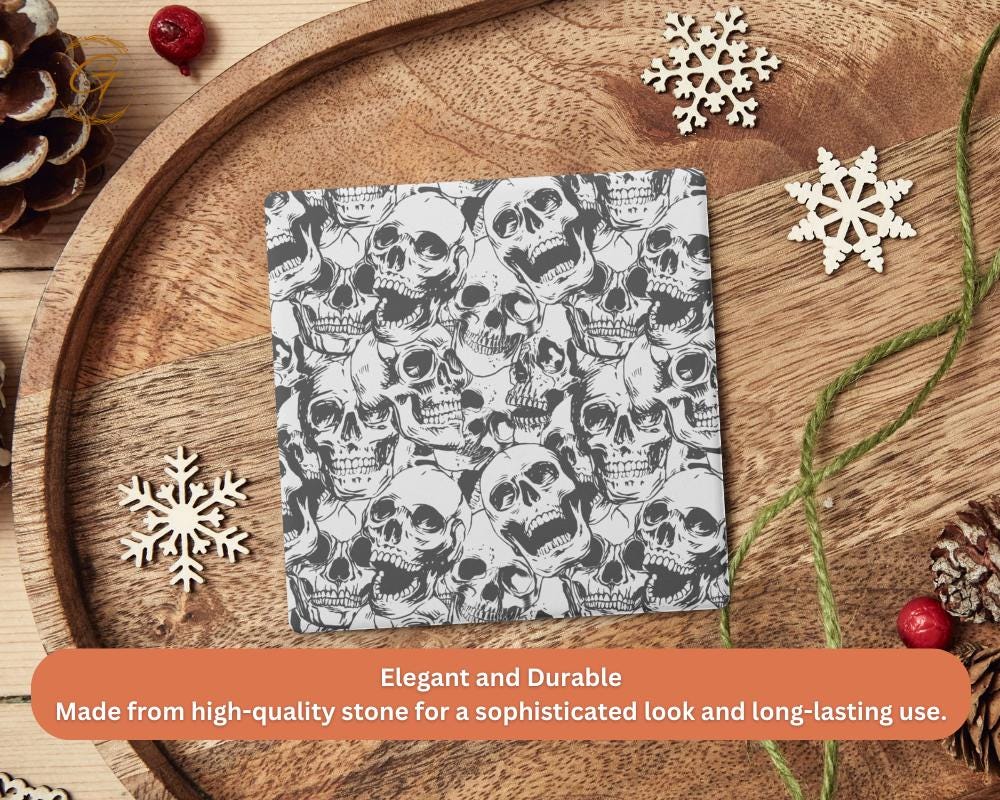 Skull Pattern Square Soapstone Coasters with Cork Backing