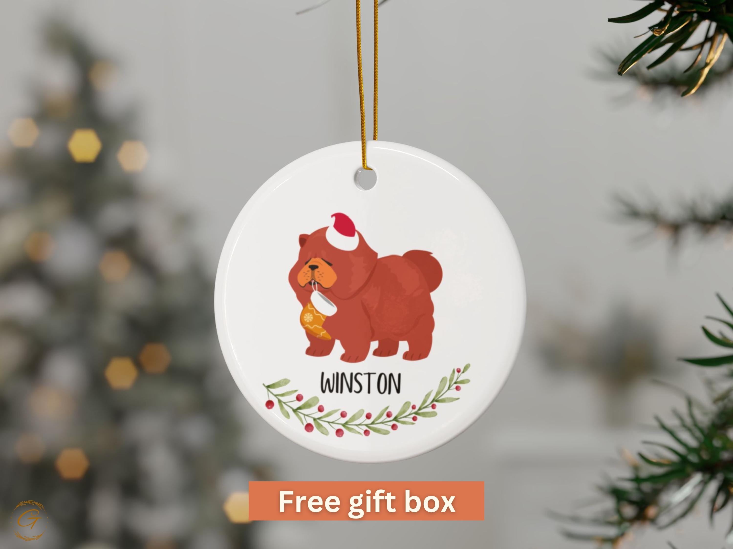 Personalised Cute Dog Christmas Ornament, Red Chow Chow Dog with Santa Hat Stocking Animal Tree Decorations, Holiday Gift Keepsake Pet Lover