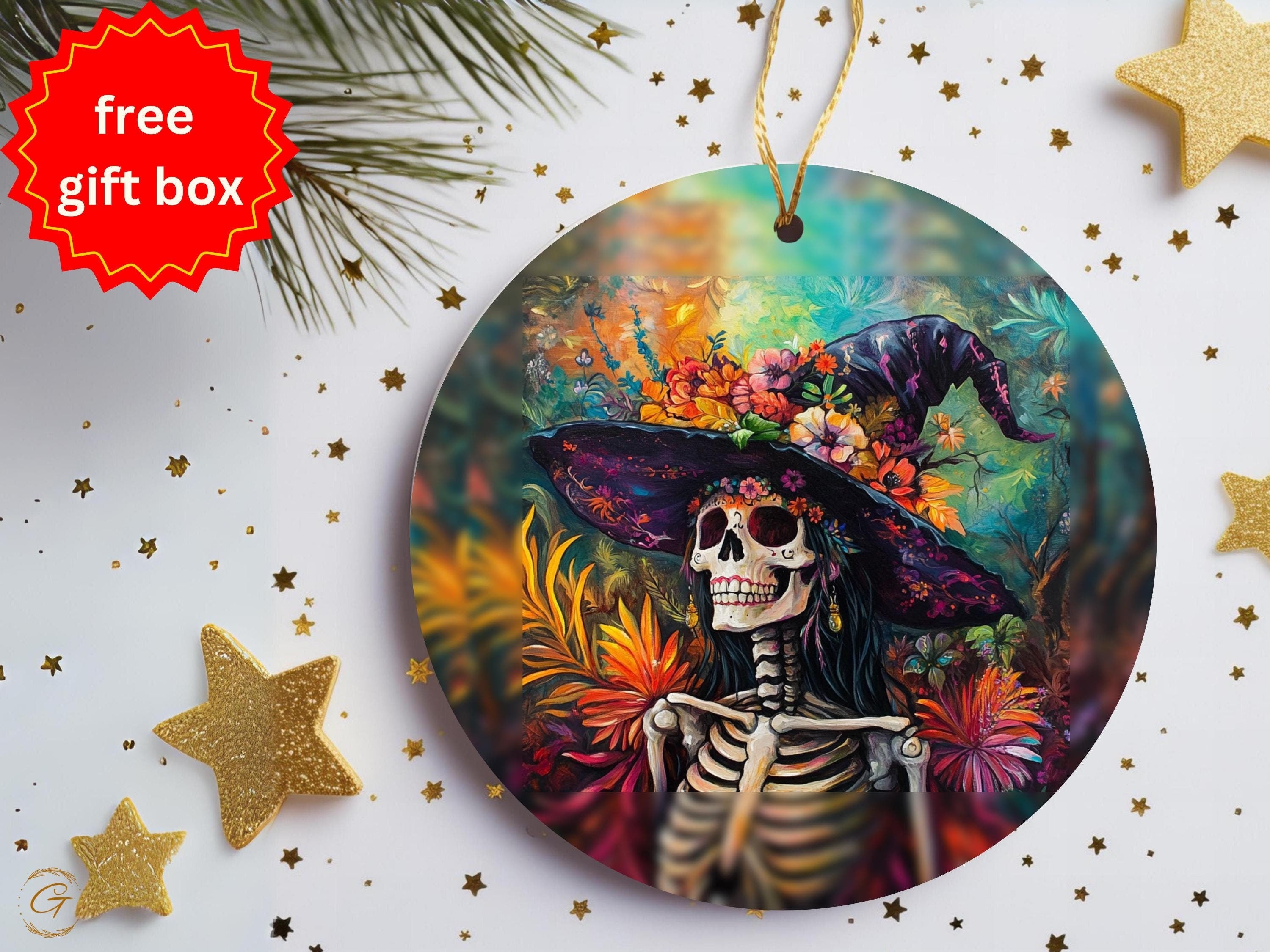 Colorful Skeleton Witch Ornament, Dia de los Muertos LA Decor, Handcrafted Halloween Decoration, Unique Skull Art, Vibrant Floral Home Decor