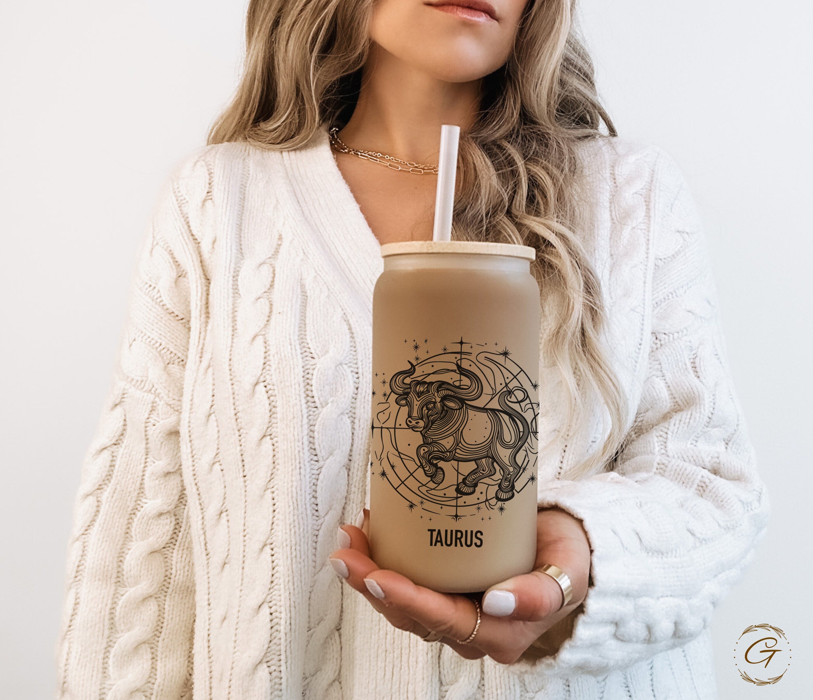 Zodiac Taurus Frosted Glass Cup, Astrology Bull Print Libbey Cup Custom Name