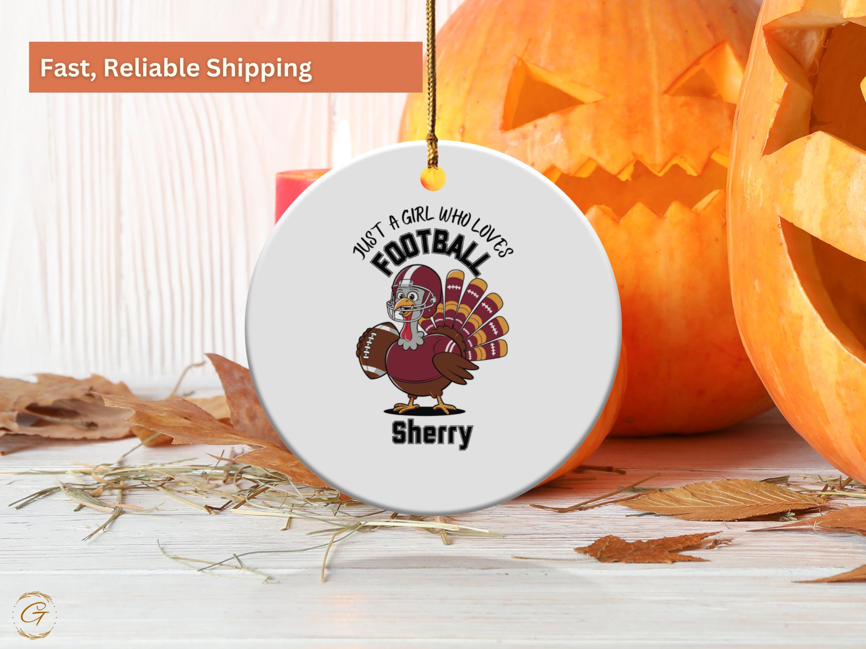 Personalized Thanksgiving Football Ornaments, Girl Who Loves Football Turkey Holiday Keepsakes, Holiday Ornaments, Football Turkey for Girls