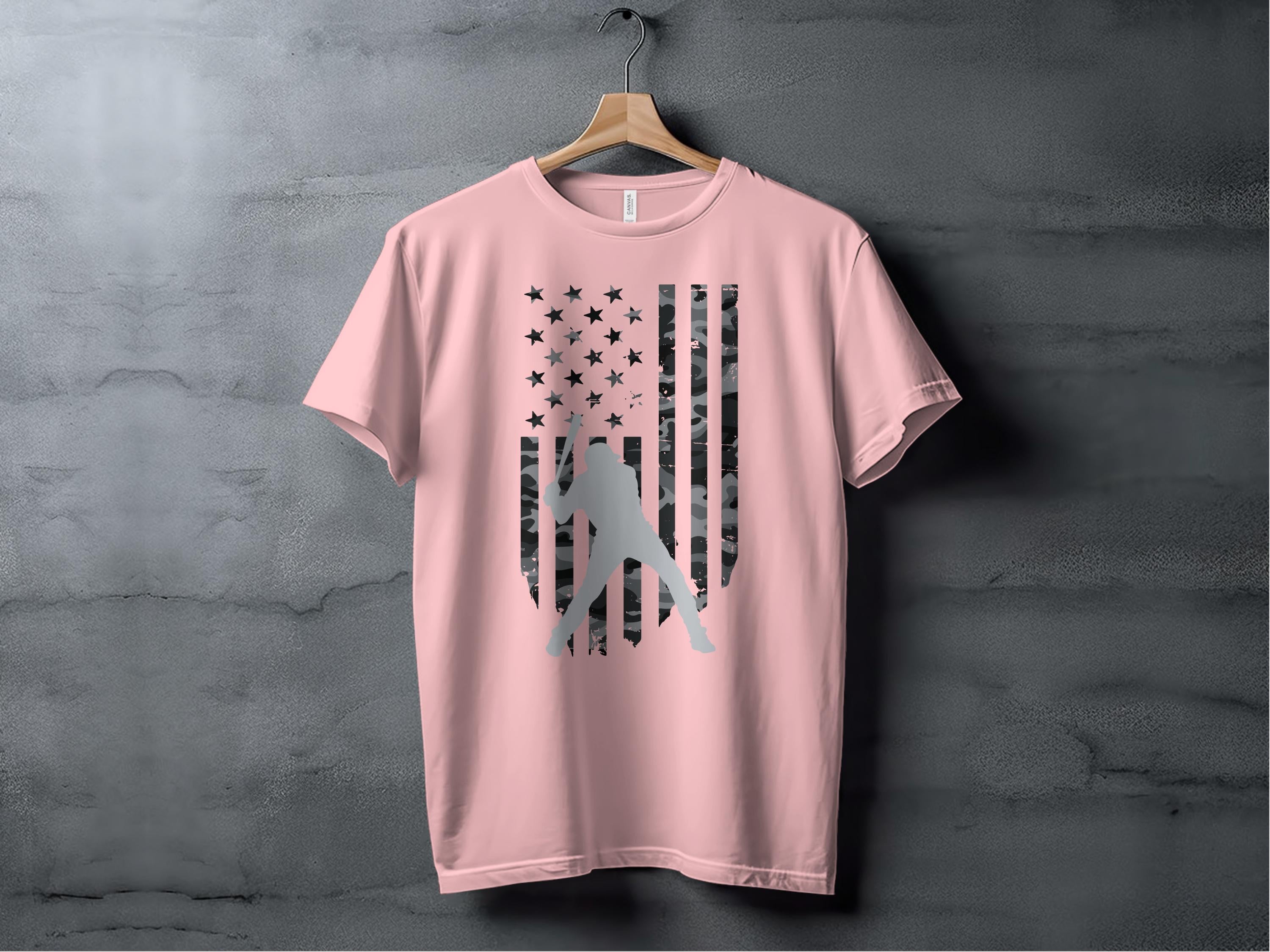 Pink T-Shirt with American Flag and Baseball Player product type