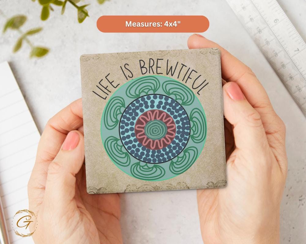 Soapstone Coaster with "Life Is Brewtiful" Design with Cork Backing Unique Coffee Lover Gift Inspirational Drink Coaster, Stylish Home Decor