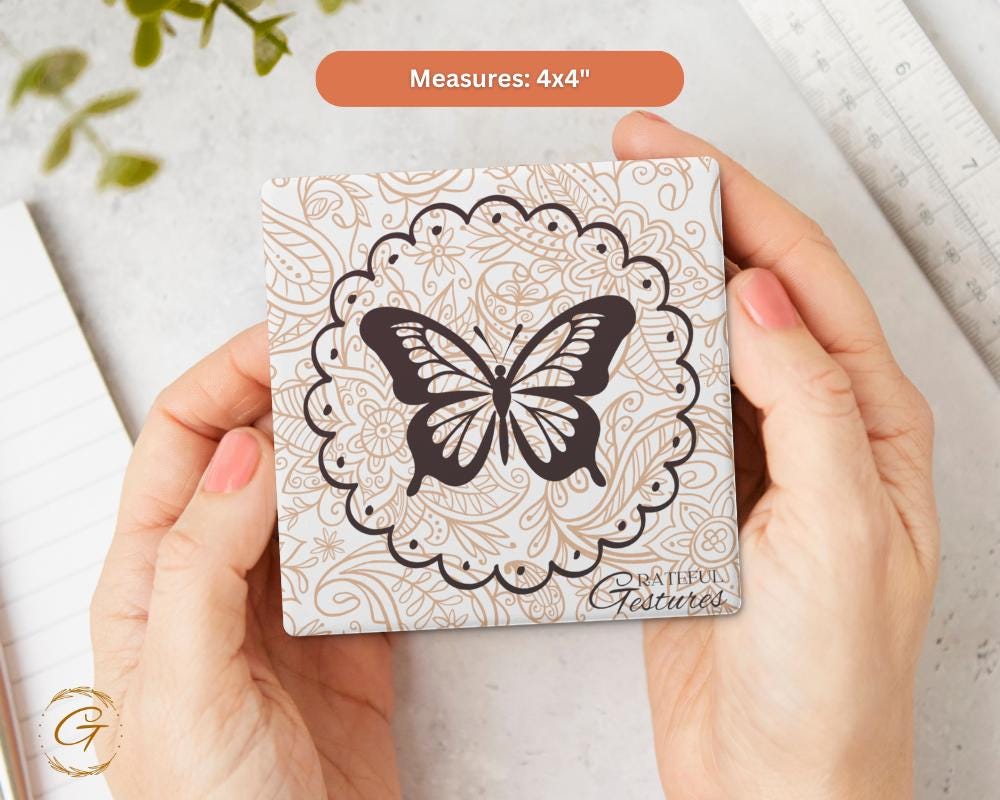 Soapstone Coaster with Butterfly Grateful Gestures Design with Durable Cork Backing, Unique Drink Coasters, Thoughtful Gift for Any Occasion