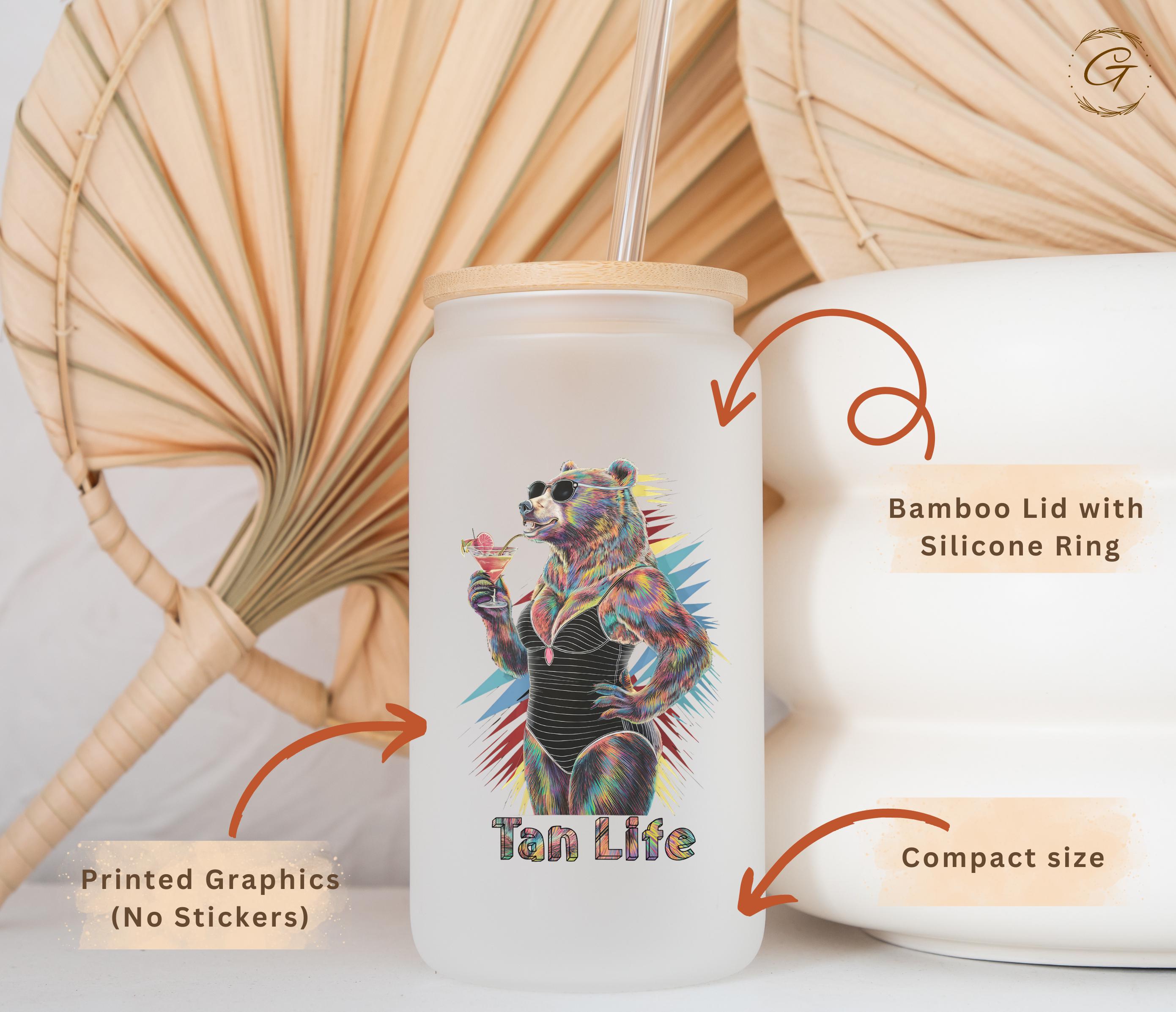 Tan Life Bear Design Frosted Glass Cup