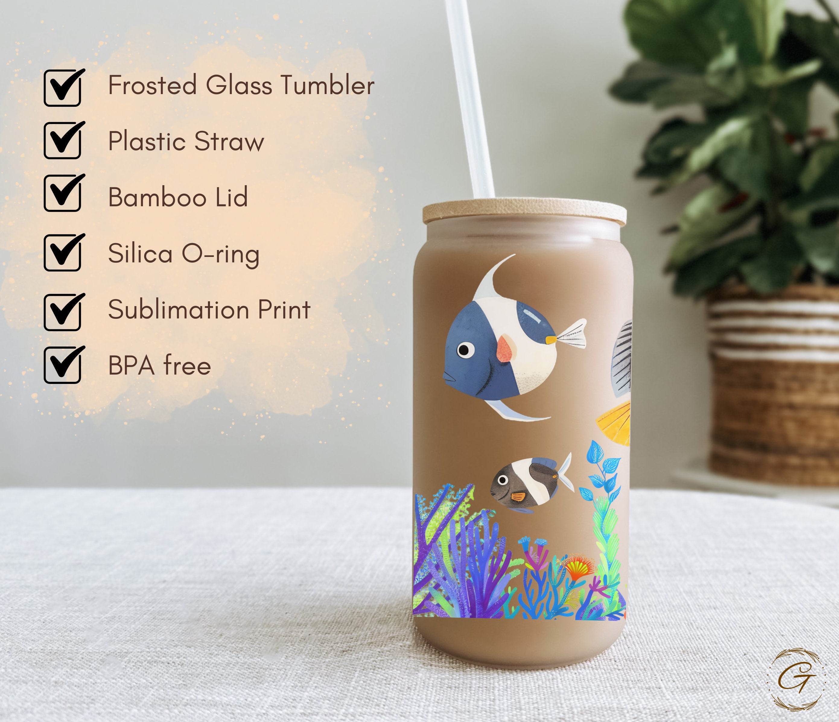 Fish and Corals Design Frosted Glass Cup