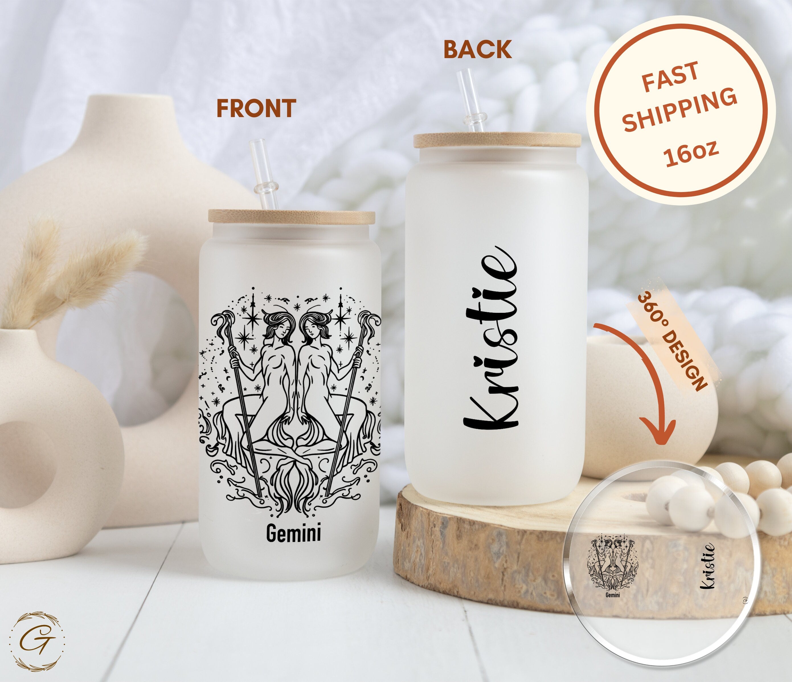Gemini Zodiac Sign Frosted Glass Cup