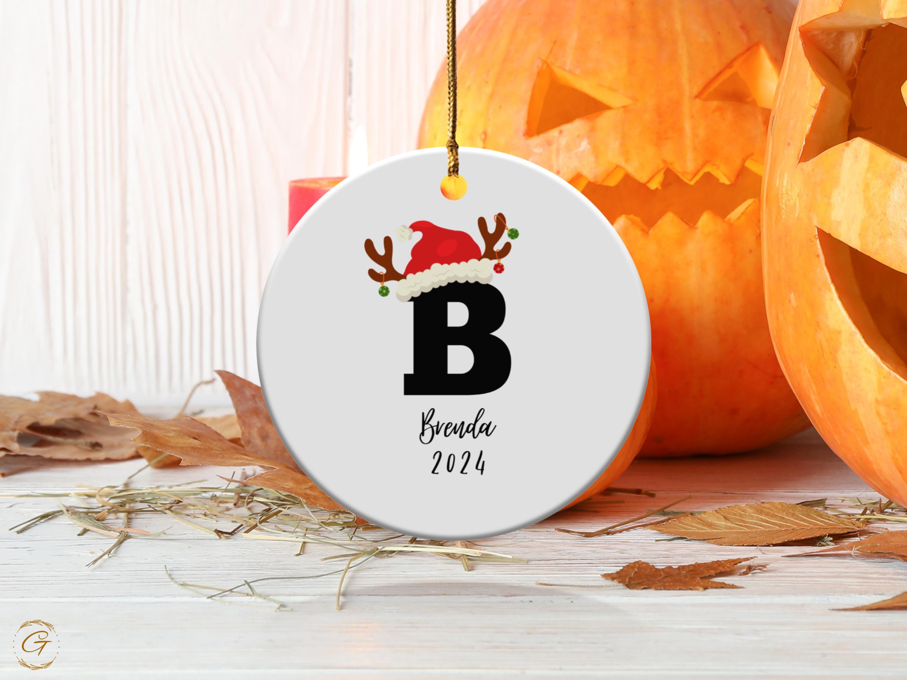 Festive Christmas Initial Name Ornament Santa Hat and Reindeer, Holiday Decoration Keepsake, Merry Christmas Celebration, Holiday Gift Ideas