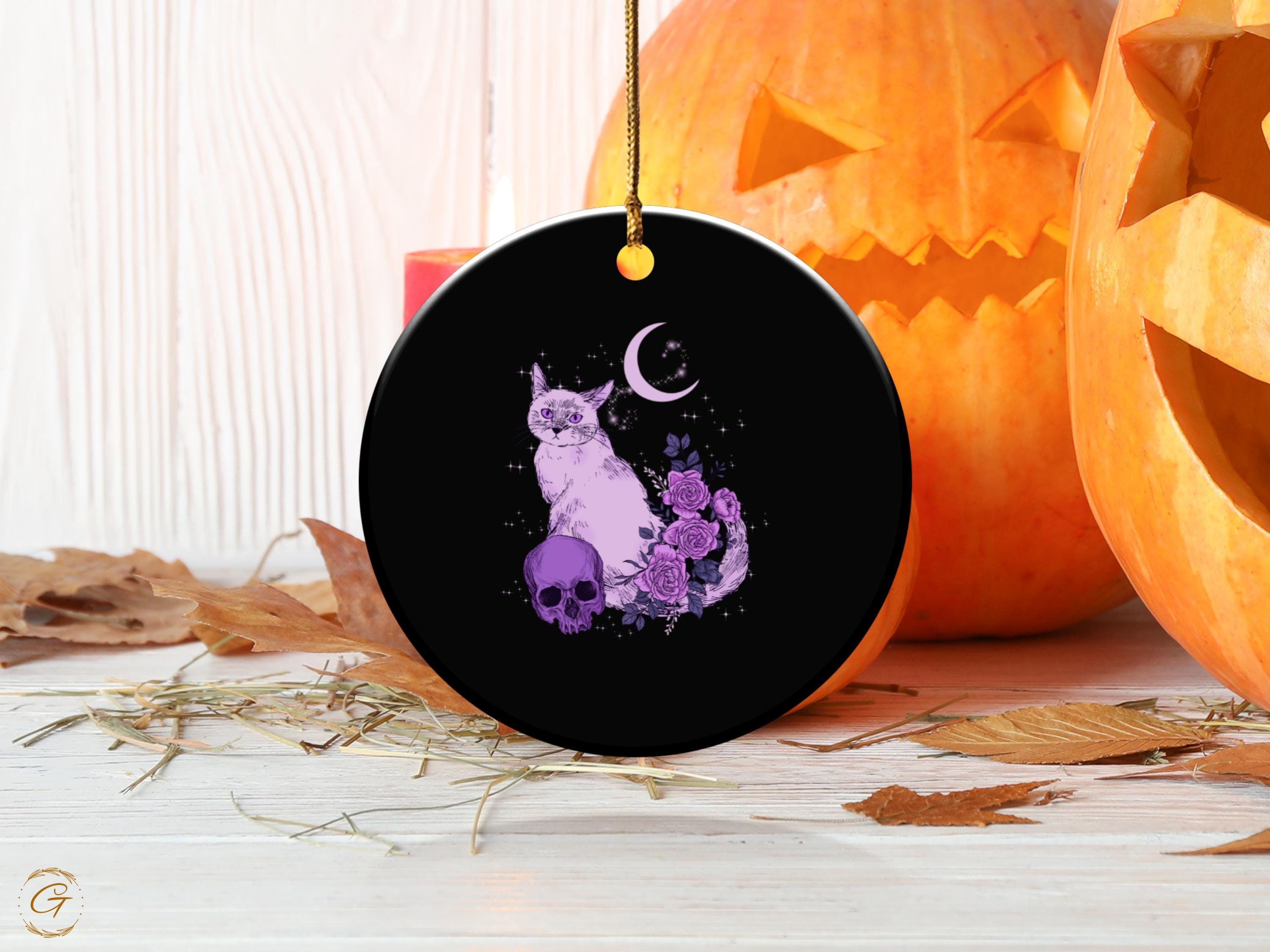 Gothic Black Cat Art Ornament, Moon and Roses Decor, Purple Cat Print, Mystical Home Decoration, Halloween Witchy Ornament Gift, Spooky Gift