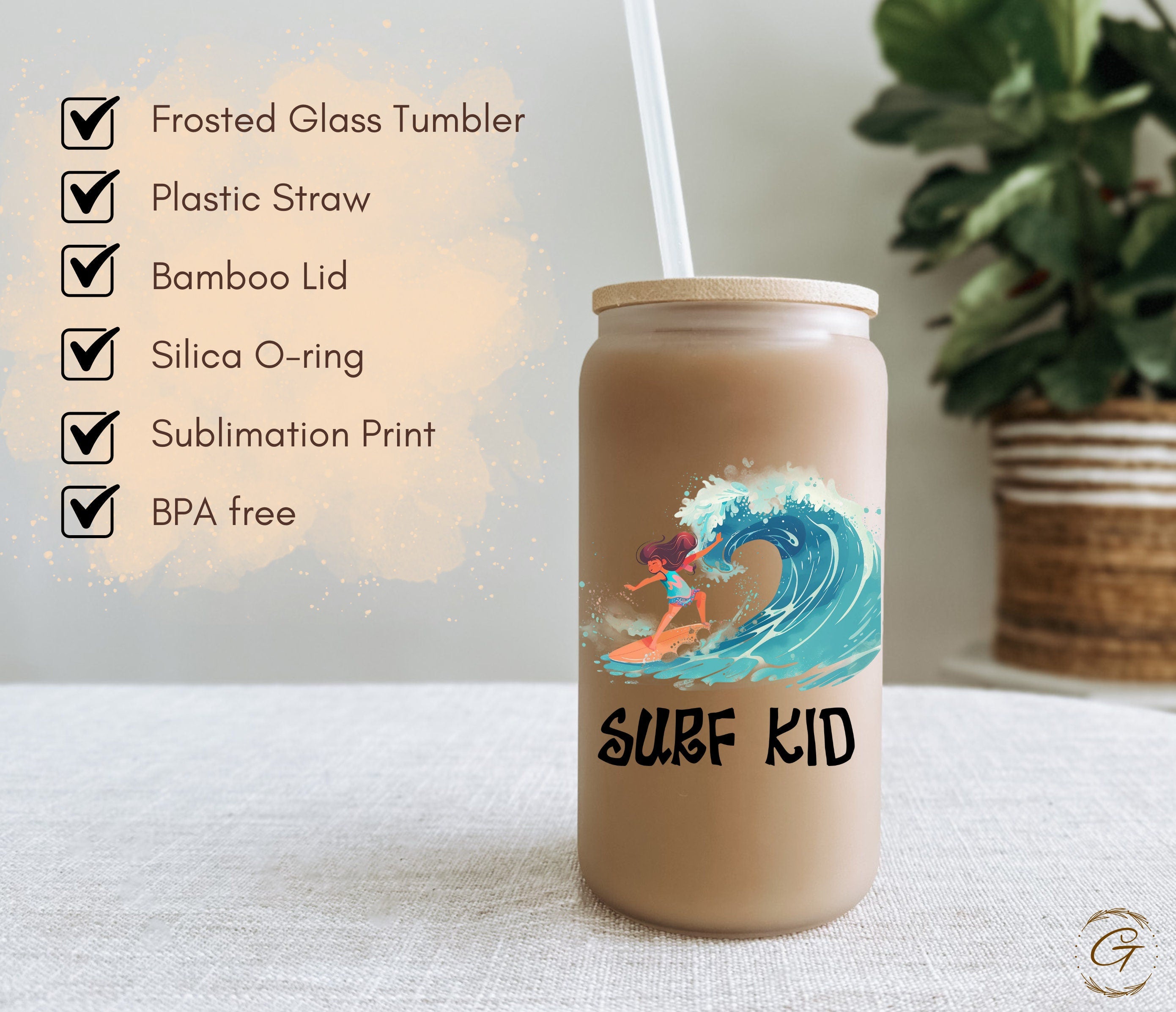 Surf Kid Big Wave Design Frosted Glass Cup