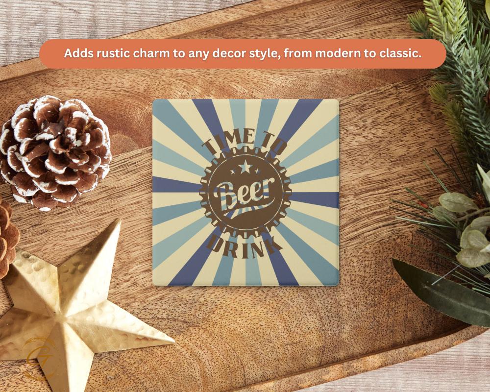 Soapstone Coaster with Time To Drink Beer Retro Design, Unique Cork Backing Cool Bar Coasters, Perfect Gift for Beer Lovers, Drinkware Decor