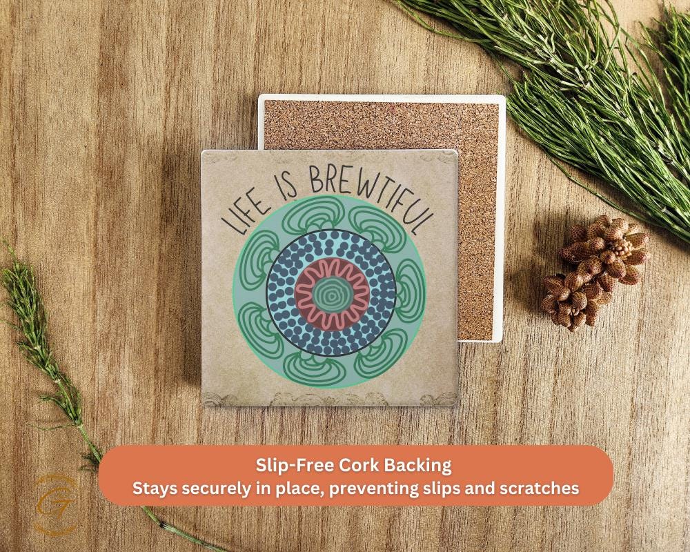 Soapstone Coaster with "Life Is Brewtiful" Design with Cork Backing Unique Coffee Lover Gift Inspirational Drink Coaster, Stylish Home Decor