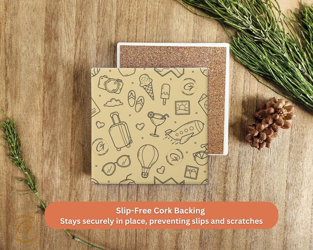 Soapstone Coaster with Doodle Hobby Pattern Design, Unique Drink Coaster with Cork Backing Perfect for Home Decor or Gift Idea for Hobbyists