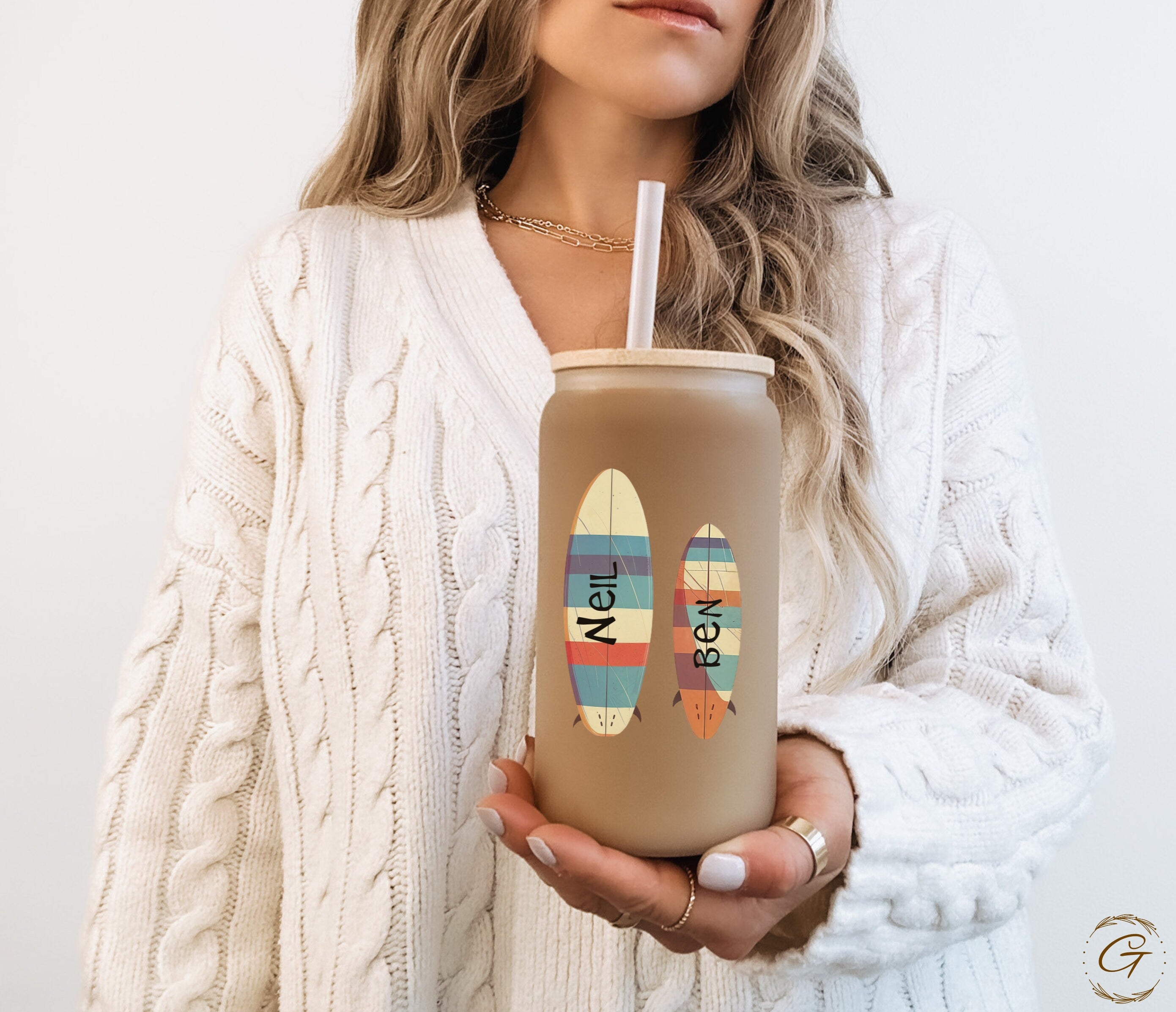 Surf Dad and Son Custom Frosted Glass Cup