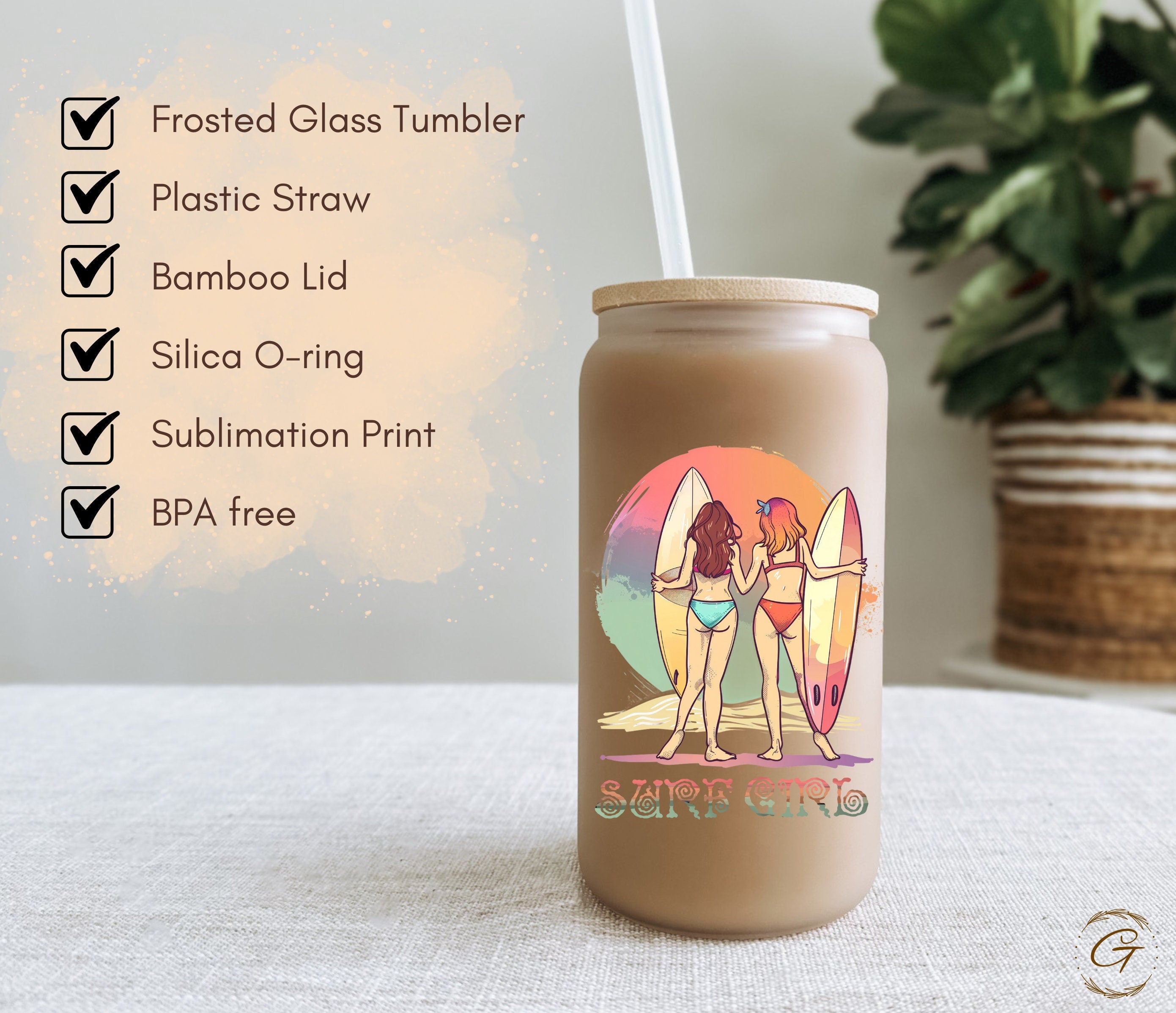 Retro Surf Girls Design Personalized Name Frosted Glass Cup