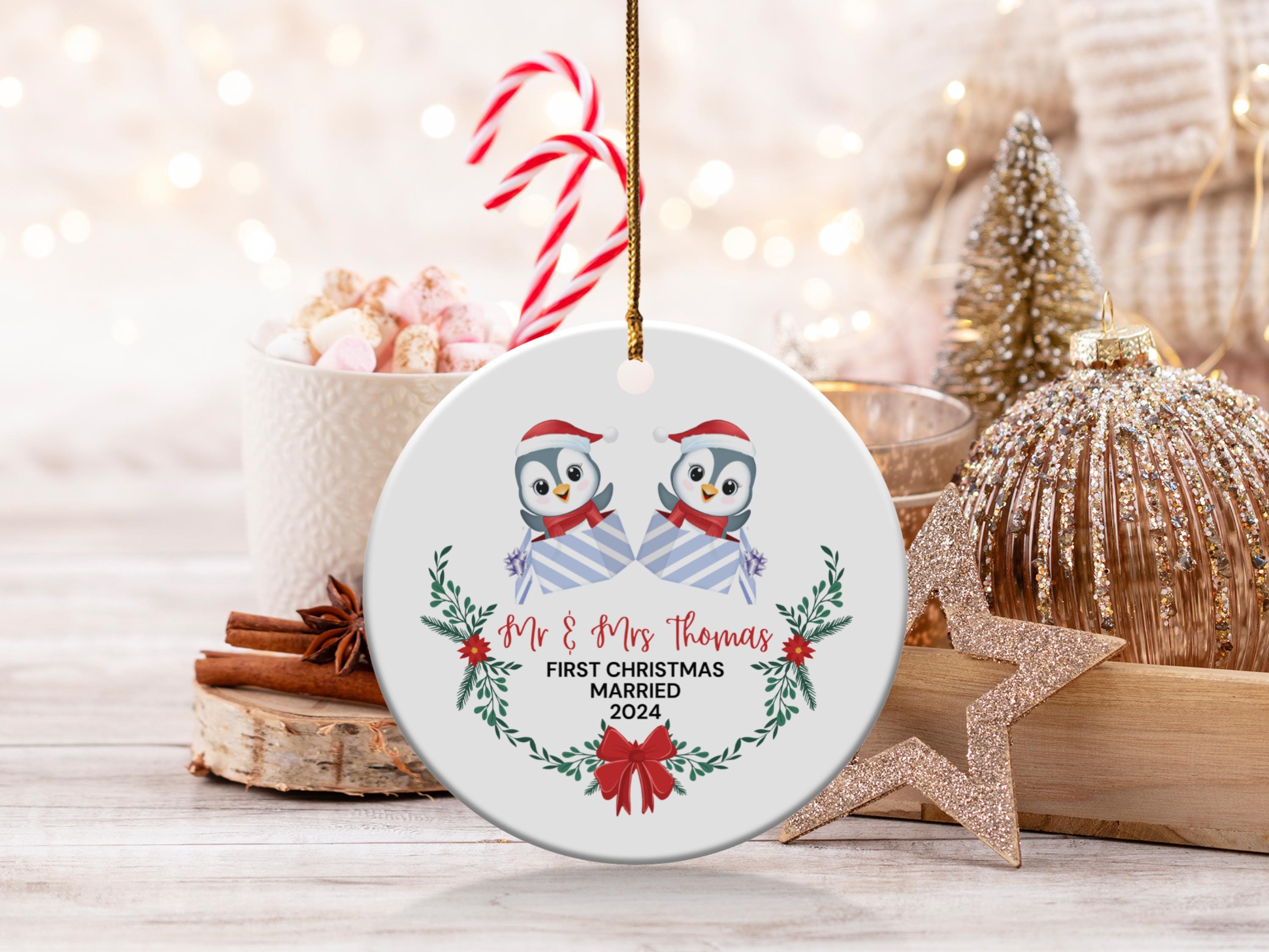 Personalized Penguin Couple First Christmas, Married Ornaments 2024, Cute Holiday Decoration, Newlywed Keepsake Gift, Ideal Gift for Couples