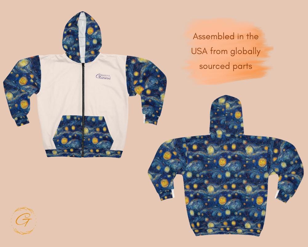 Starry Night White Design Zip Hoodie All-Over Print, Van Gogh-Inspired Sweatshirt