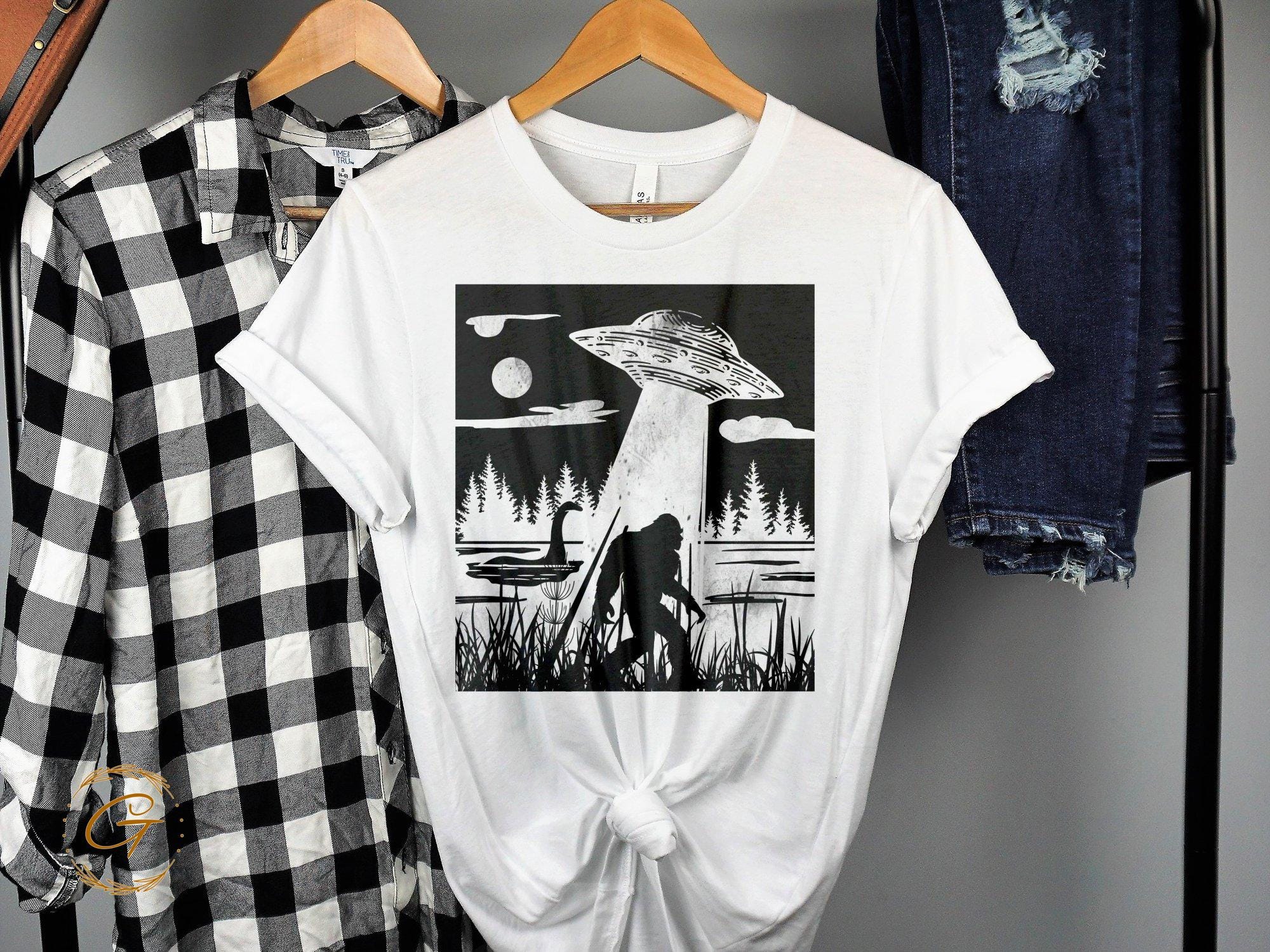 Bigfoot and UFO Encounter Design T-Shirt, Vintage Cryptid Design Tee