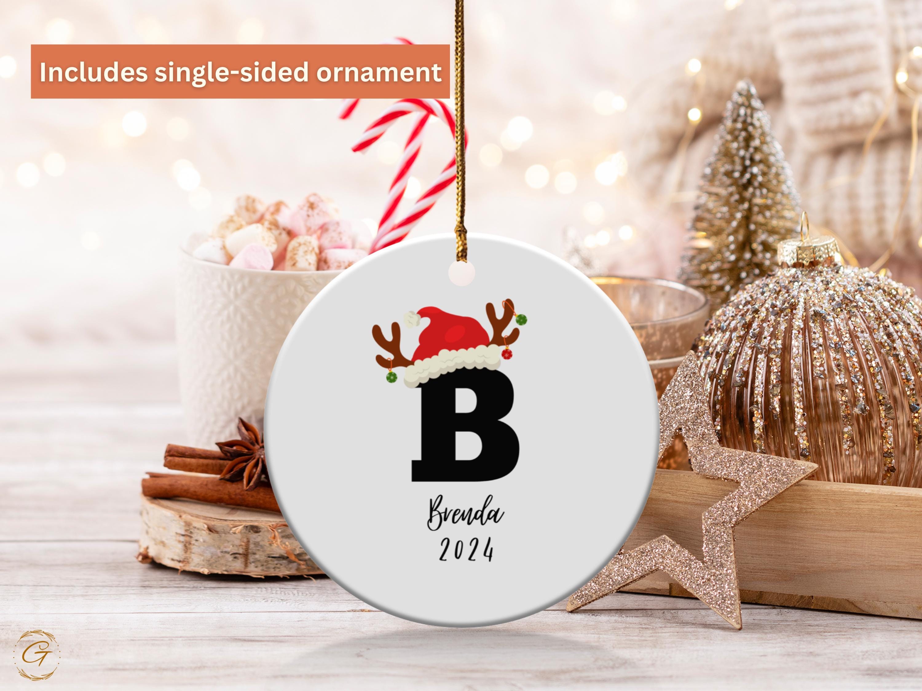 Festive Christmas Initial Name Ornament Santa Hat and Reindeer, Holiday Decoration Keepsake, Merry Christmas Celebration, Holiday Gift Ideas