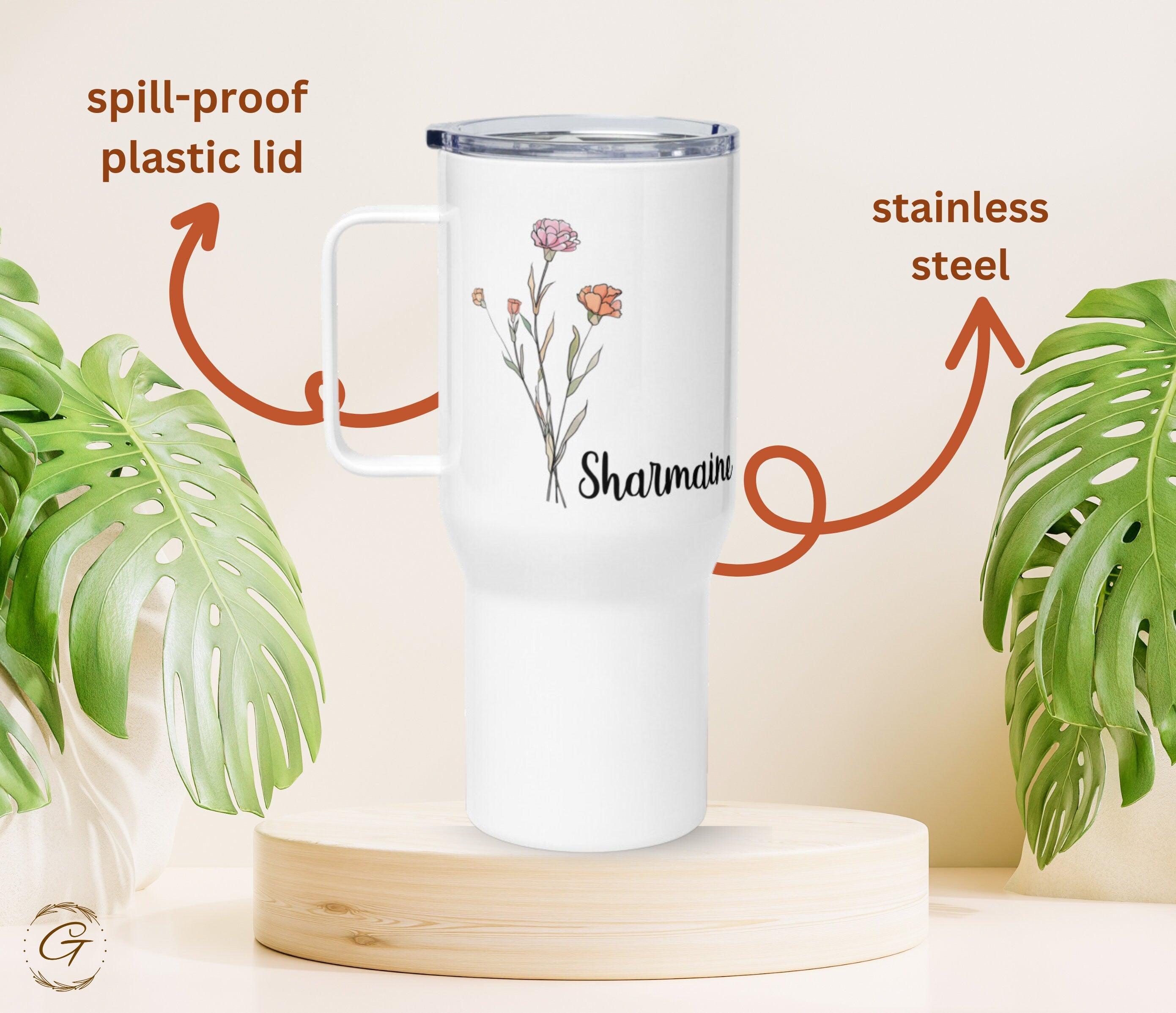 Personalized Birth Flower & Name 25 oz Travel Mug with Handle - Custom Floral Unique Mother's Day Gift Bridesmaid Gift and For Coffee Lovers
