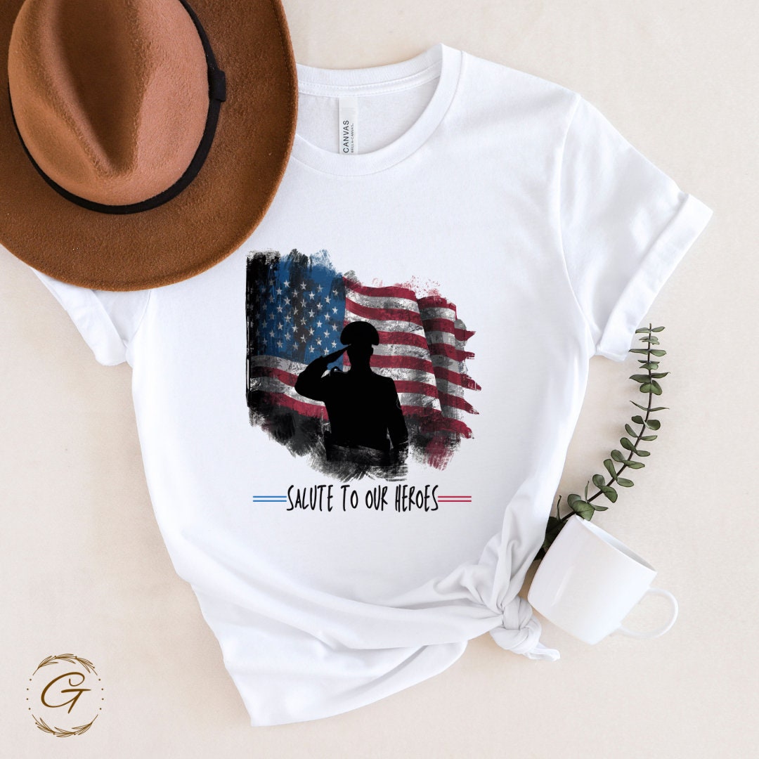 Patriotic Military Salute T-Shirt – "We Will Never Forget" American Flag Graphic Tee