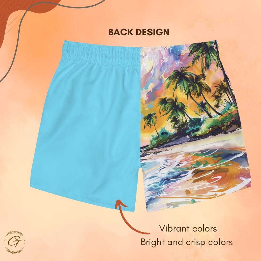 Tropical Beach Design Light Blue Swim Shorts for Men, Comfortable Quick-Dry Beachwear, Vibrant Beachwear, Ideal for Holidays and Beach Days