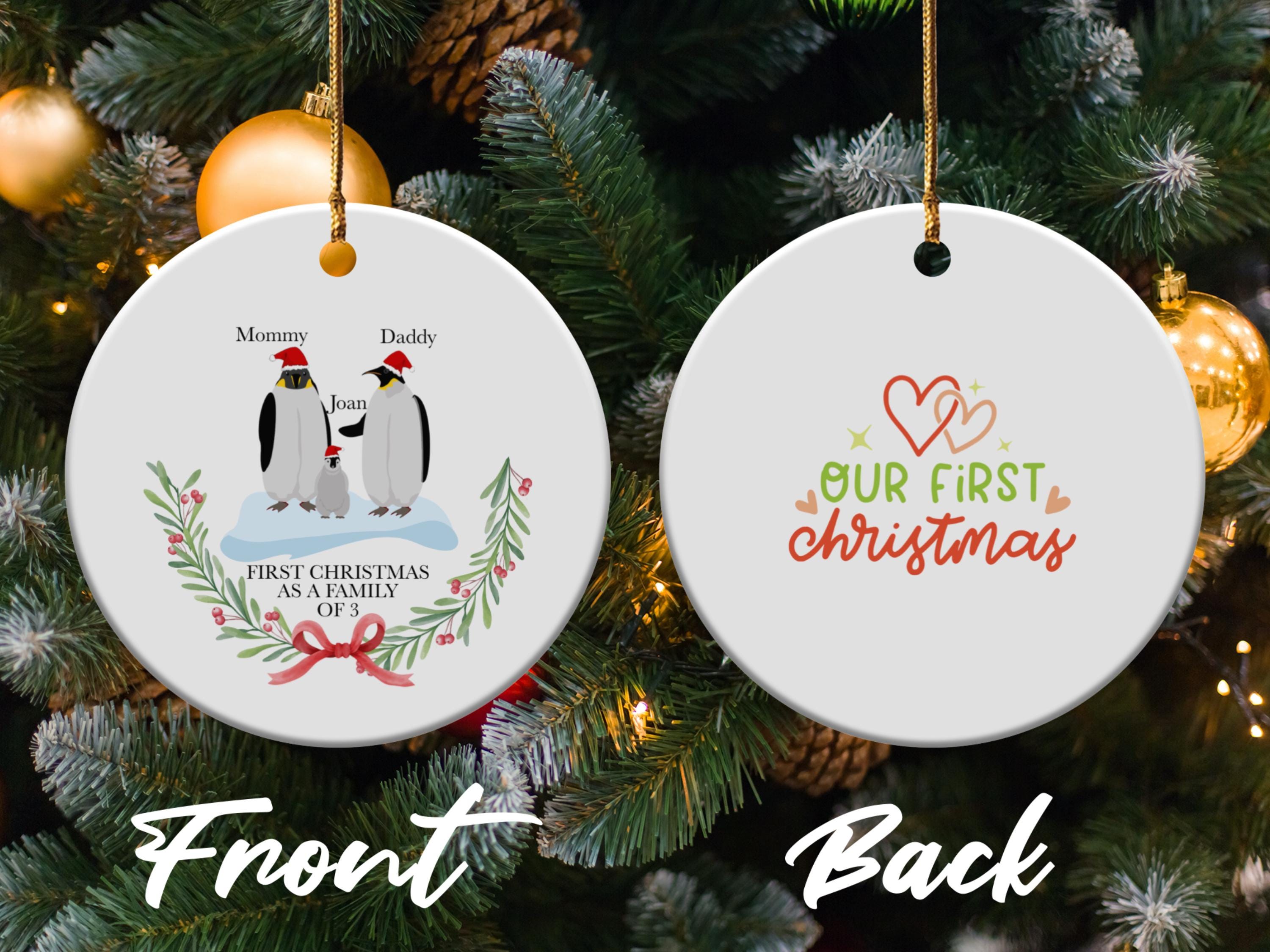 Personalized Family Christmas Ornament, First Christmas as a Family of 3 Ornaments, Penguin Family Holiday Decoration, Custom Names Penguins