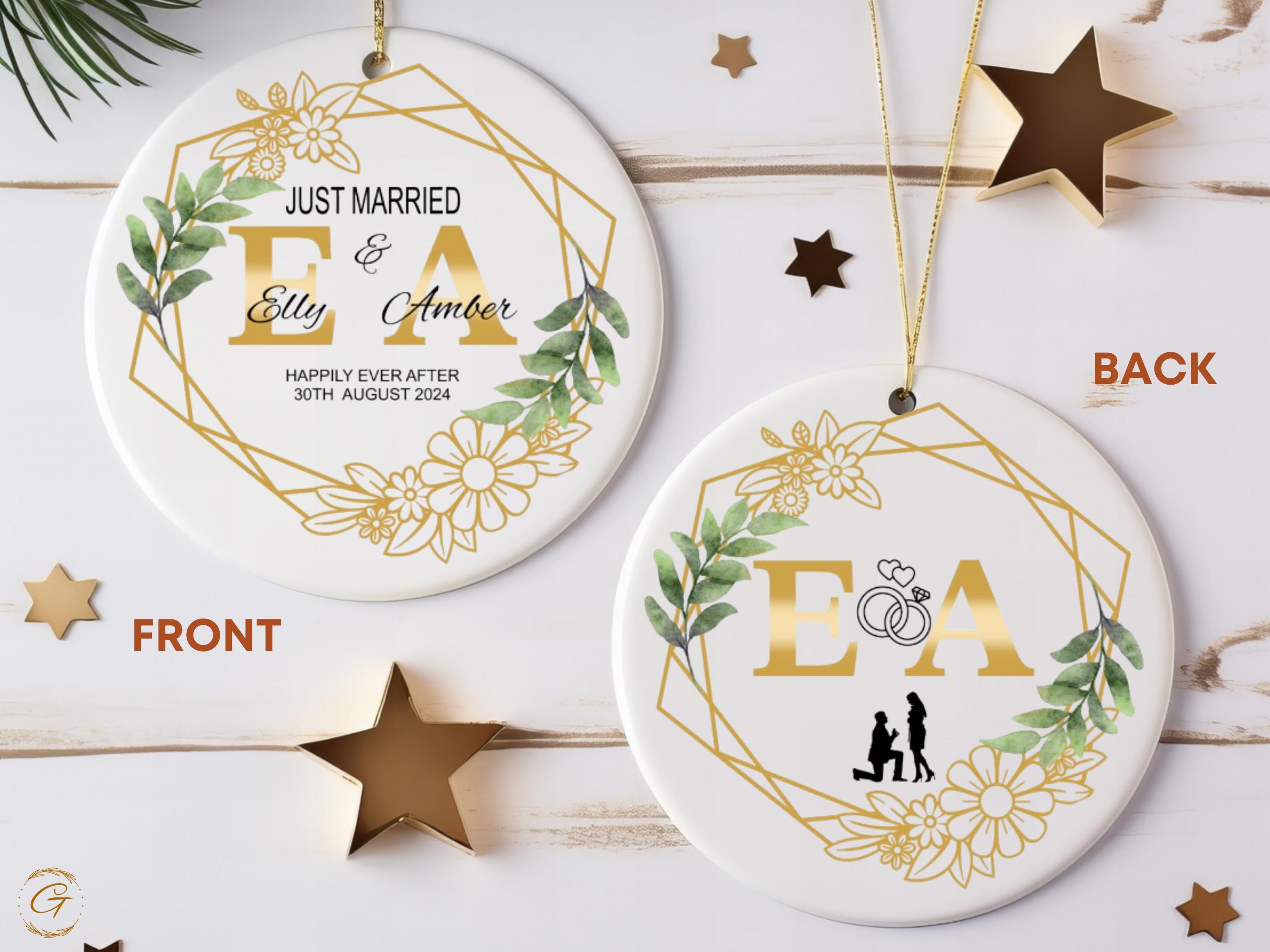 Custom Just Married Ornament, Personalized Keepsake, Custom Wedding Date Gift, Geometric Floral Design Newlywed Decoration 2024, Ideal Gifts