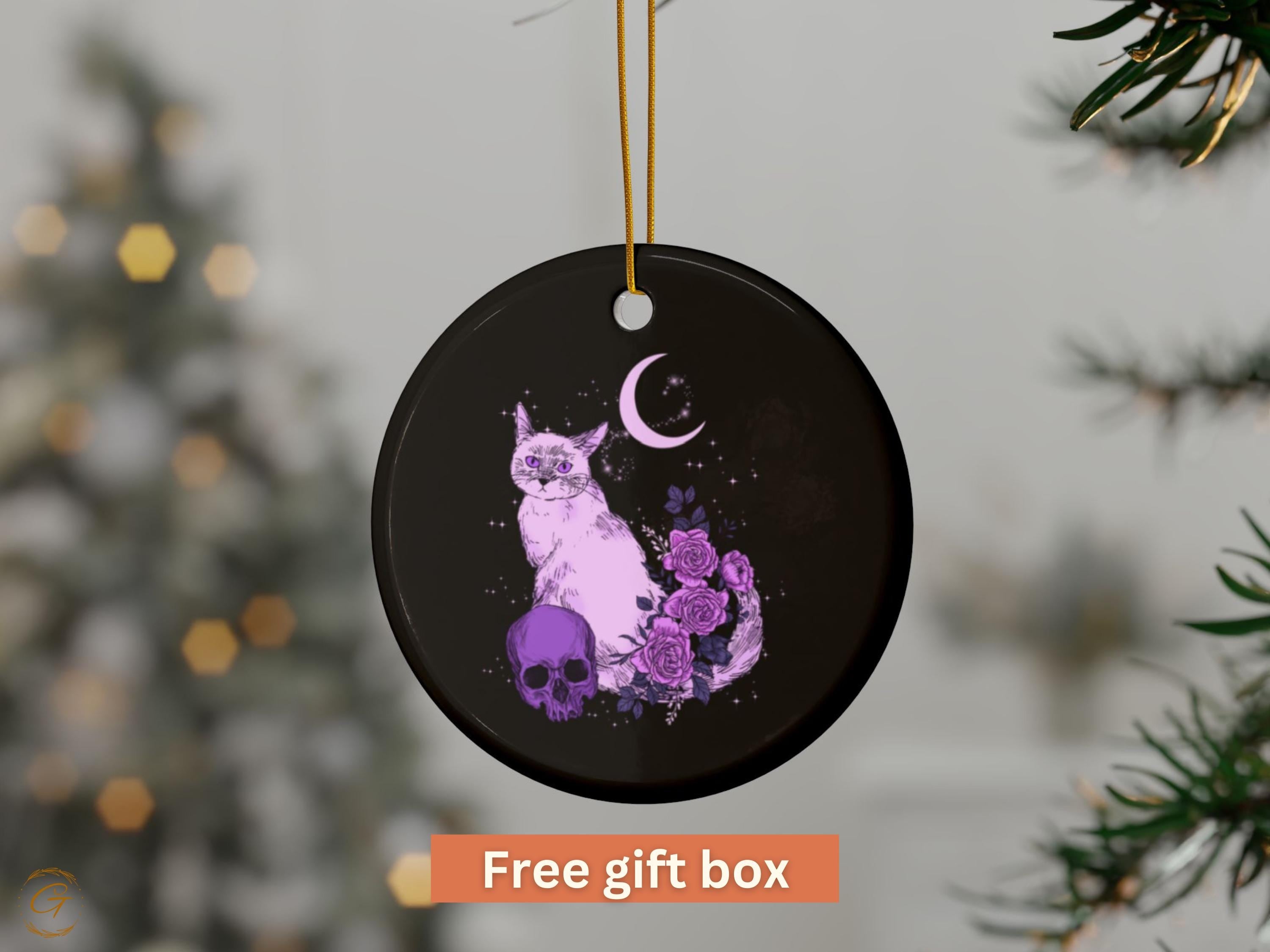 Gothic Black Cat Art Ornament, Moon and Roses Decor, Purple Cat Print, Mystical Home Decoration, Halloween Witchy Ornament Gift, Spooky Gift