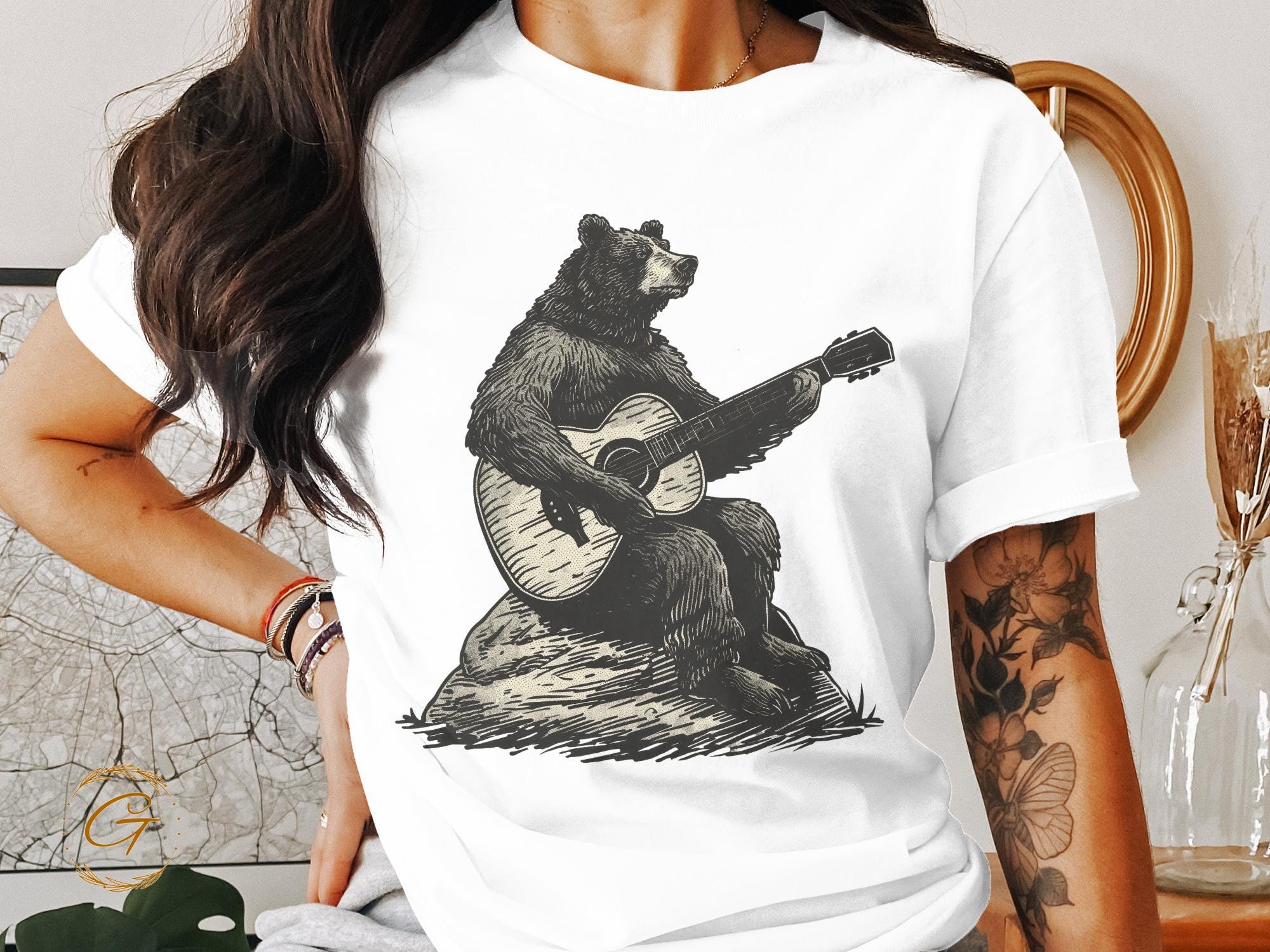 Bear Playing Guitar Graphic Tee, Funny Bear T-Shirt Design