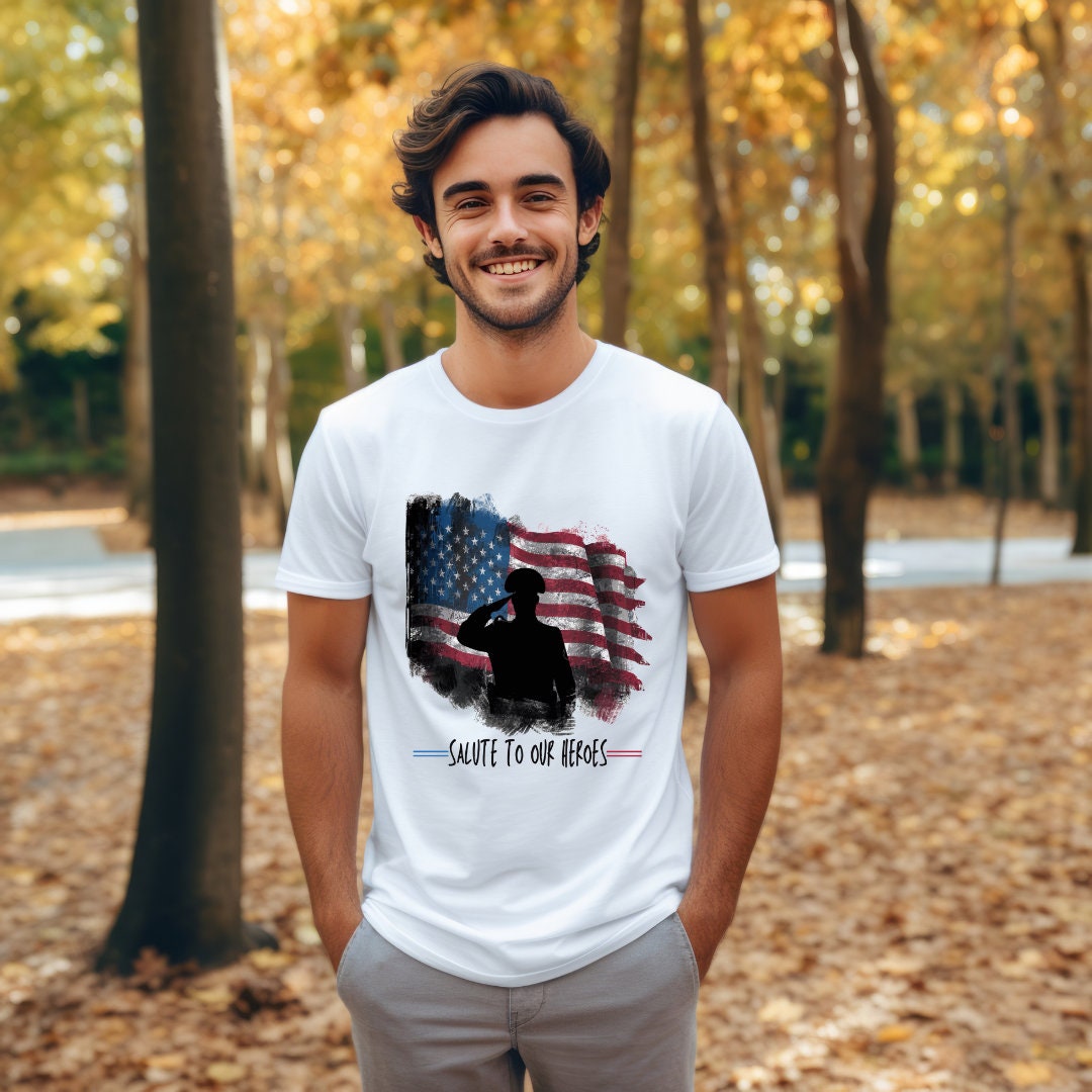 Patriotic Military Salute T-Shirt – "We Will Never Forget" American Flag Graphic Tee