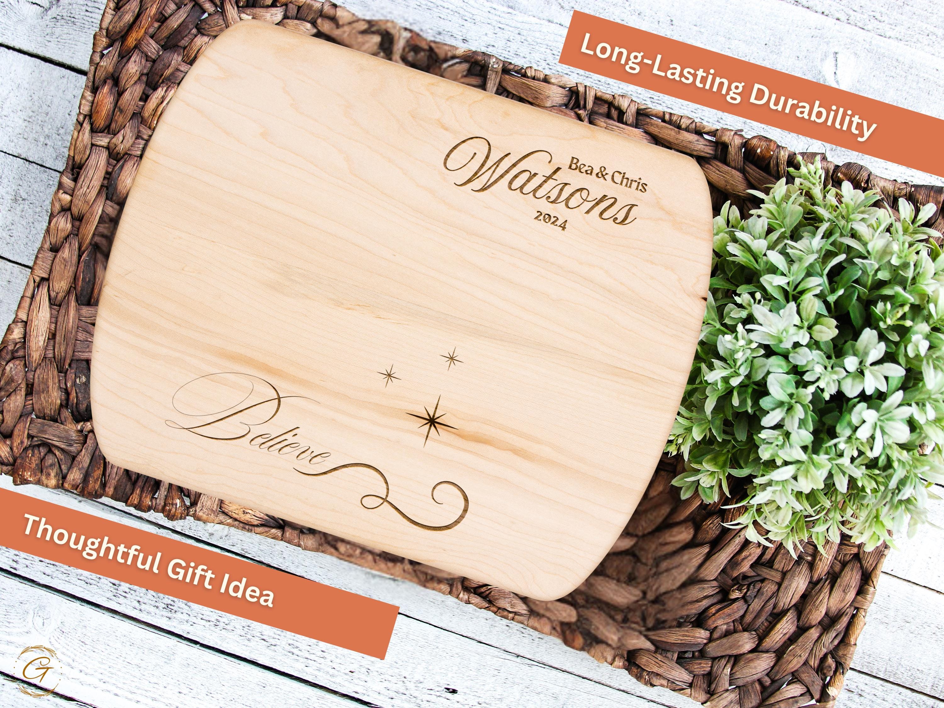 Personalized Hardwood Oval Cutting Board- "Believe" Christmas with Family Name Engraving - Custom Christmas Gift for Couples or Housewarming