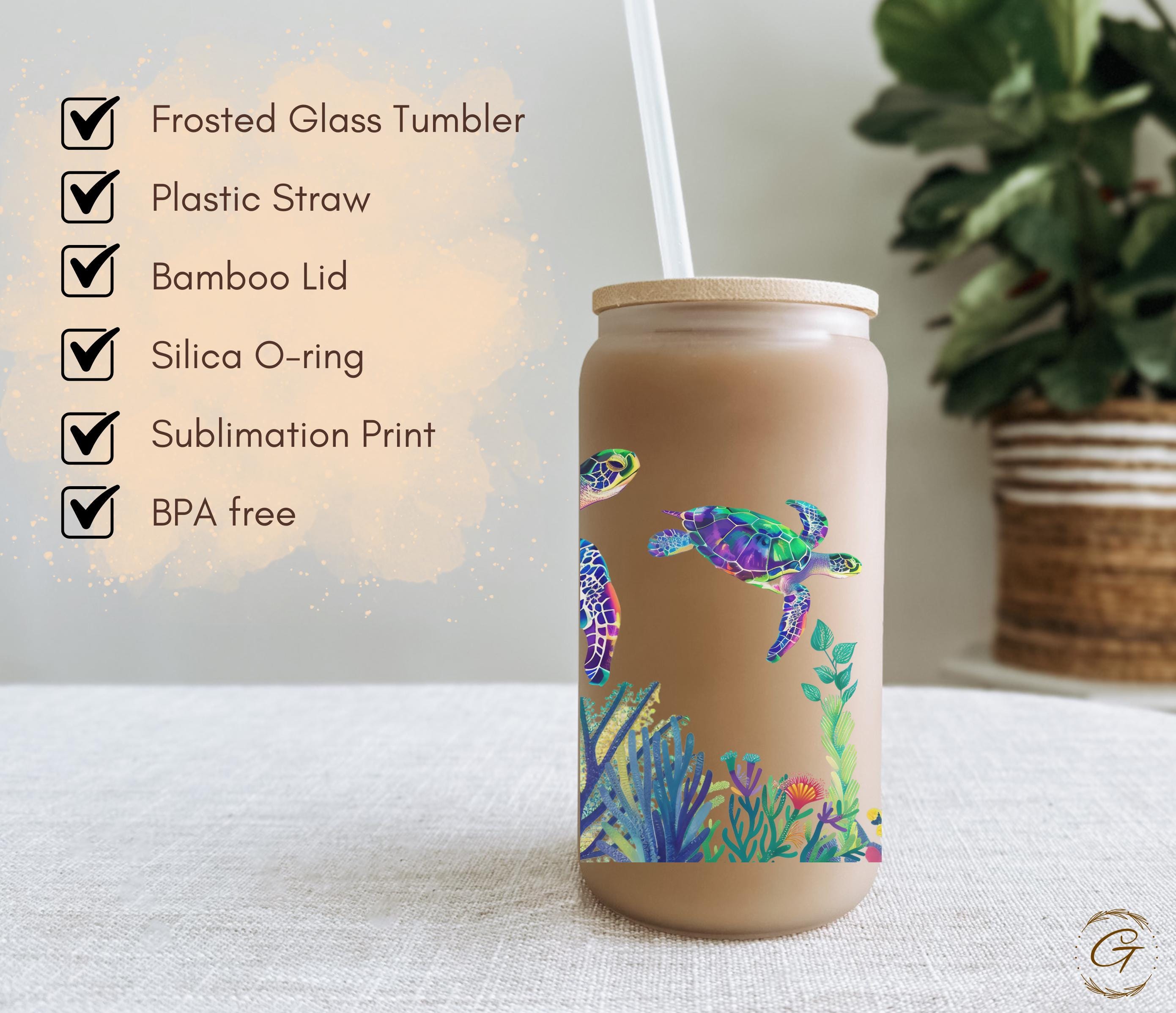 Ocean Turtles and Corals Design Frosted Glass Cup