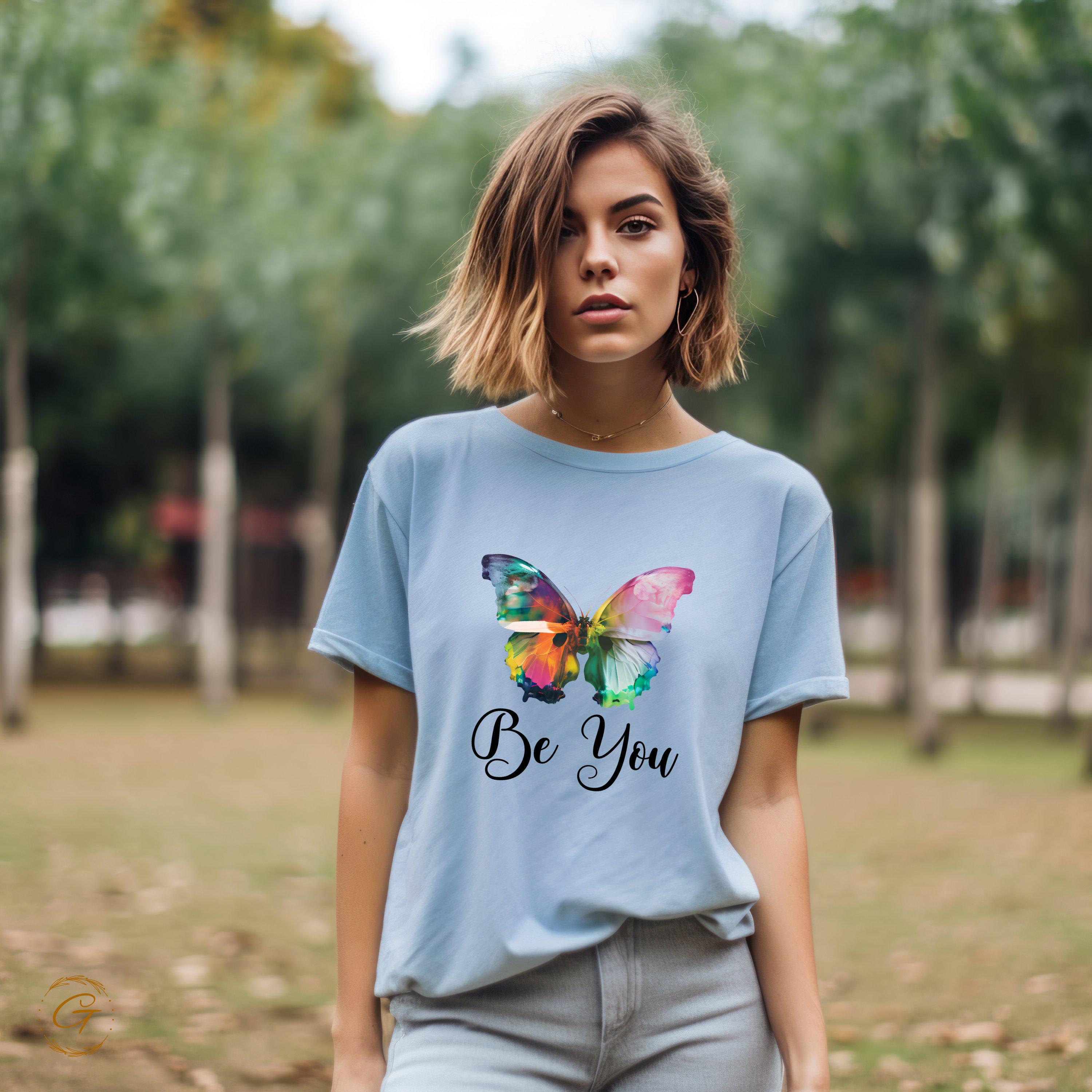 Inspirational Butterfly Graphic T-Shirt, Colorful Be You Design Tee