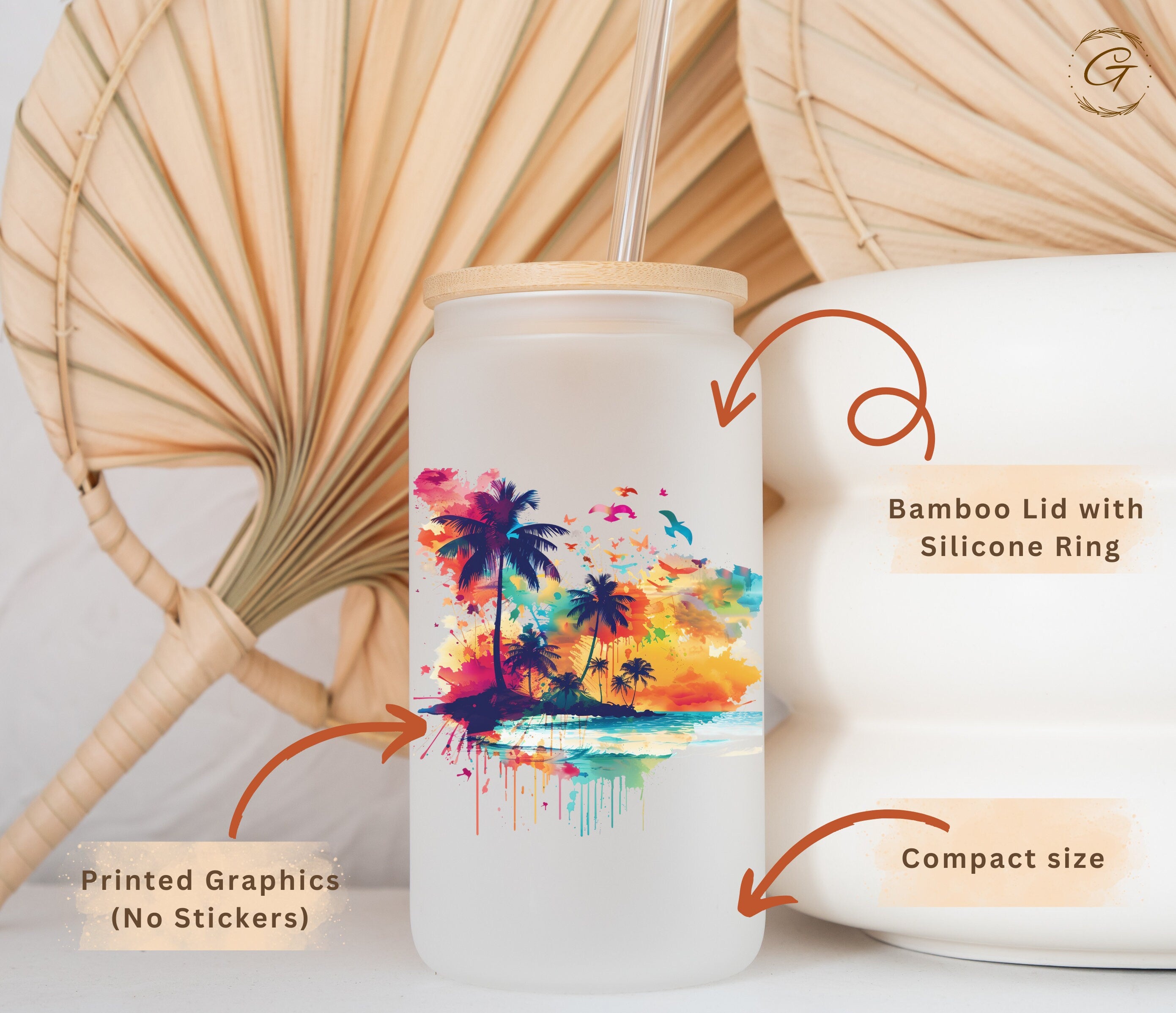 Tropical Beach Sunset Art Summer 2024 Colorful Palm Trees Print Frosted Glass Cup