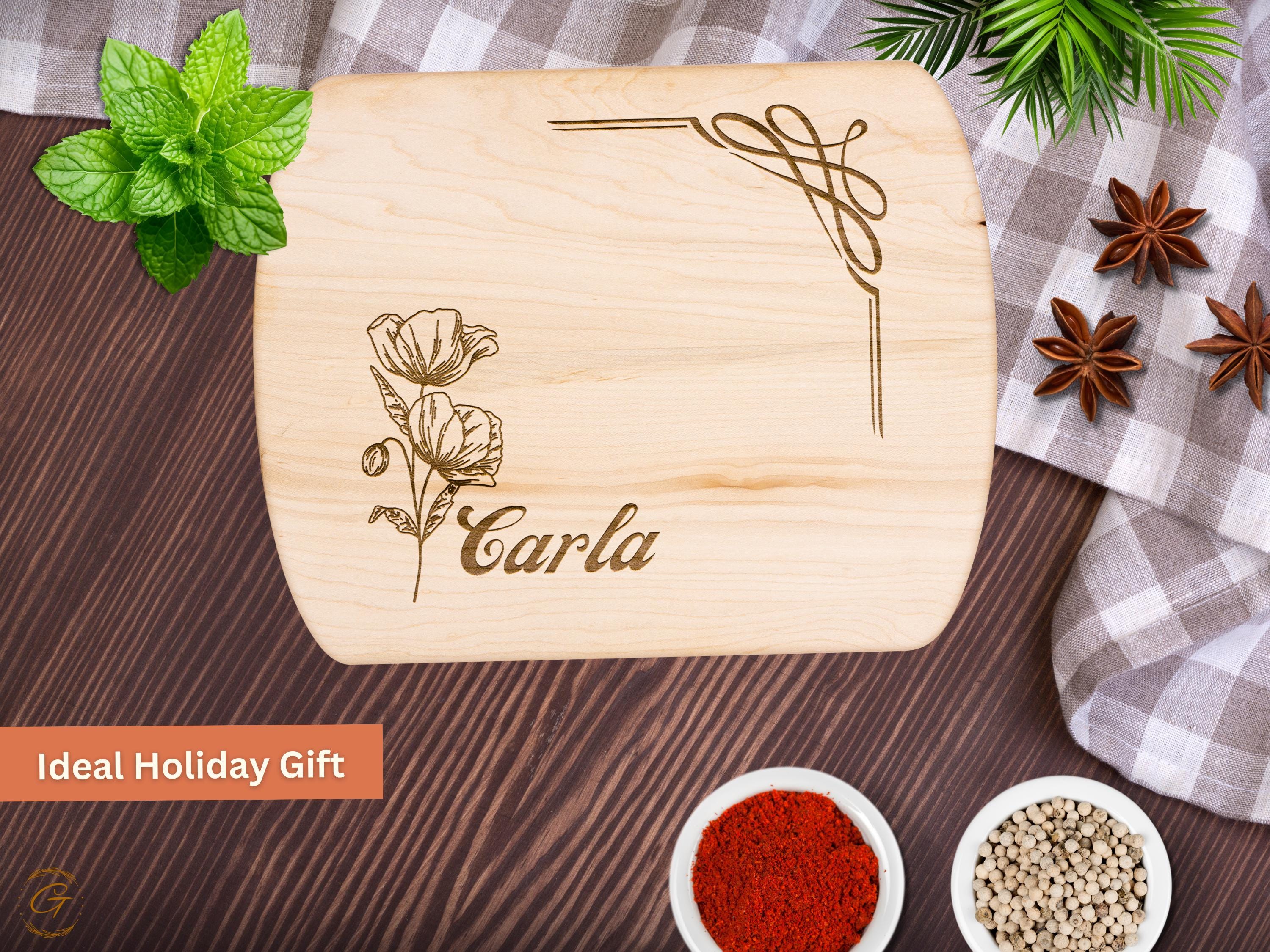 Personalized Cutting Board with Poppy Engraving - Unique August Birth Flower Gifts