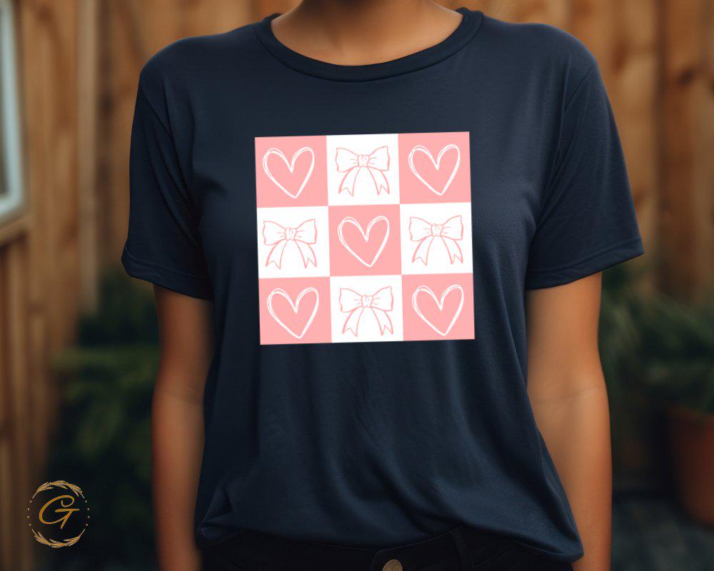 Valentines T-Shirt, Checkered Cute Bow and Heart Tee
