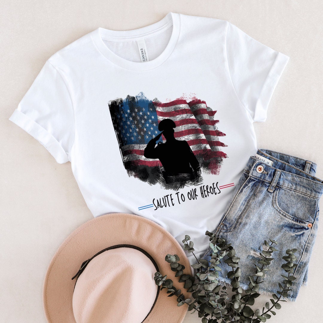 Patriotic Military Salute T-Shirt – "We Will Never Forget" American Flag Graphic Tee